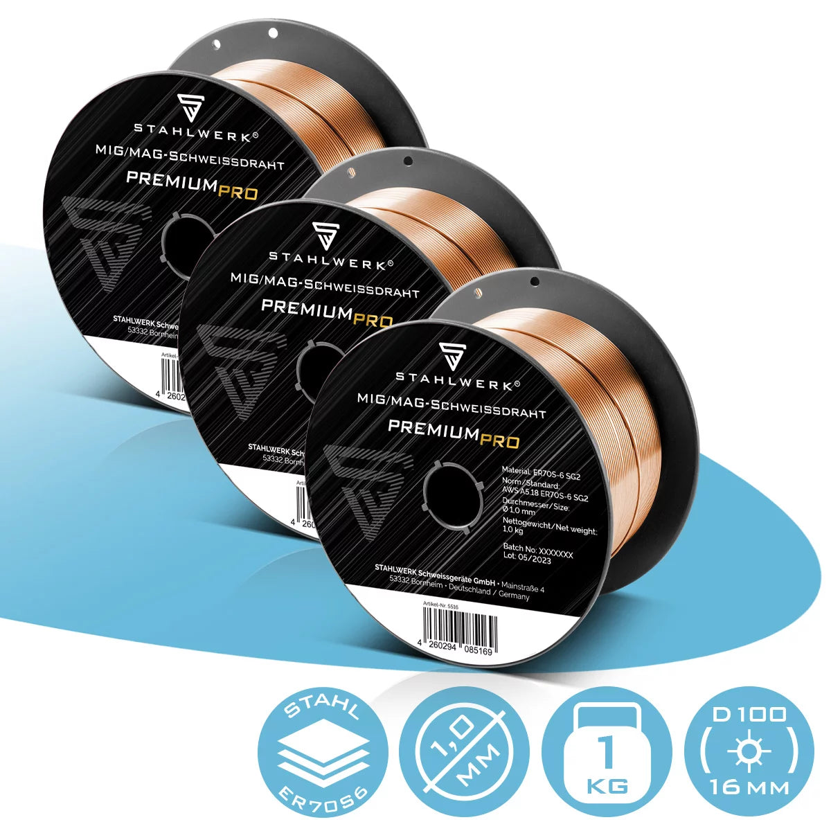 STAHLWERK 3 x MIG MAG welding wire ER70S-6 SG2 Ø 1.0 mm S100/D100 wire roll 1 kg