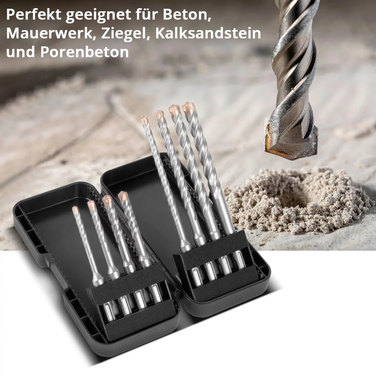 STAHLWERK SDS-Plus drill bit 8-piece set with box | Diameter 5-12 mm | Cross cutting edge and double helix | Lengths 110-160 mm | Stone drill and concrete drill for SDS-Plus holder 10 mm | Strong and precise