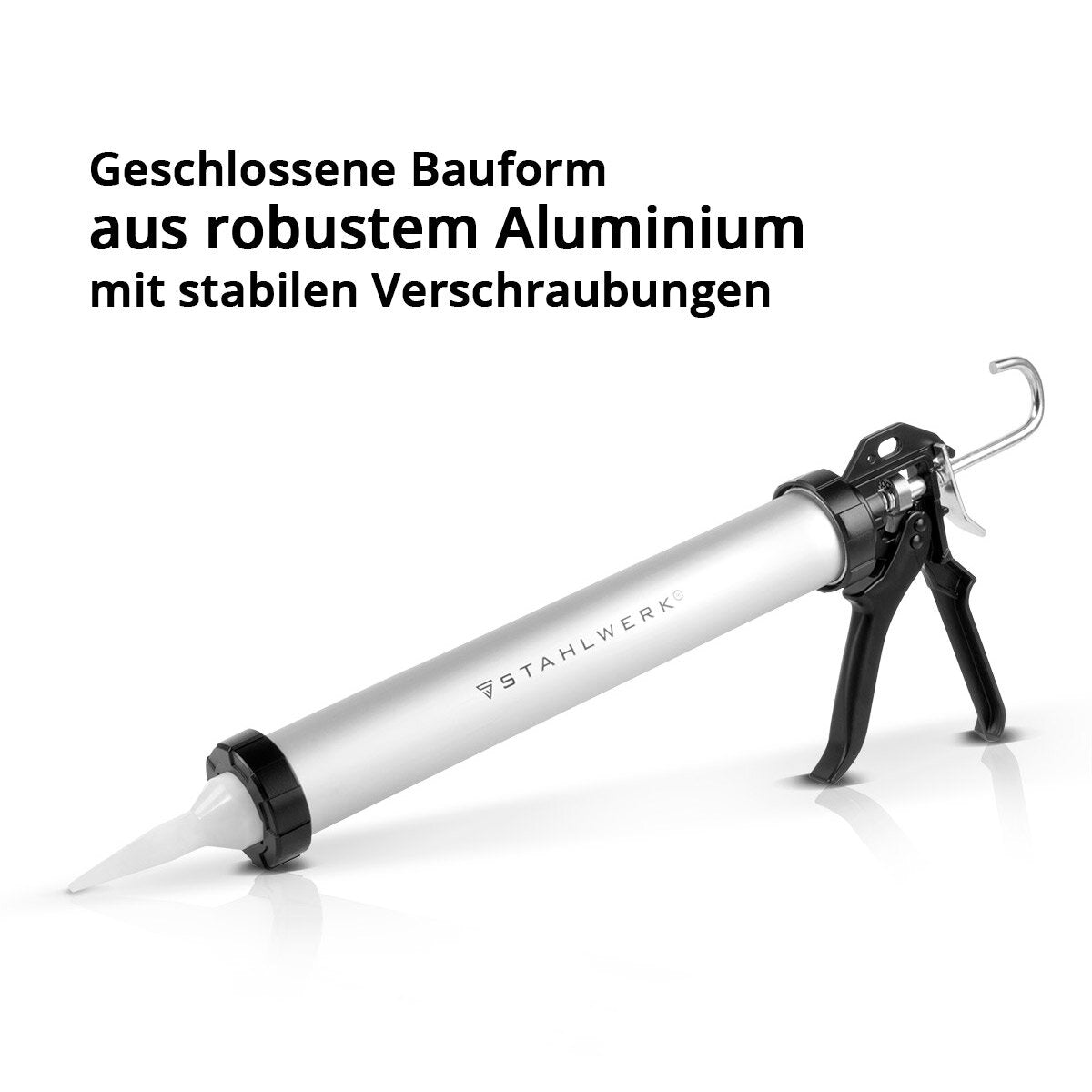 STAHLWERK Pistola de silicona SP-600 ST con espátula de silicona Prensa de cartucho de aluminio de 600 ml | Pistola para calafatear con raspador de silicona | Extractor de juntas | Alisador de articulaciones | removedor de silicona
