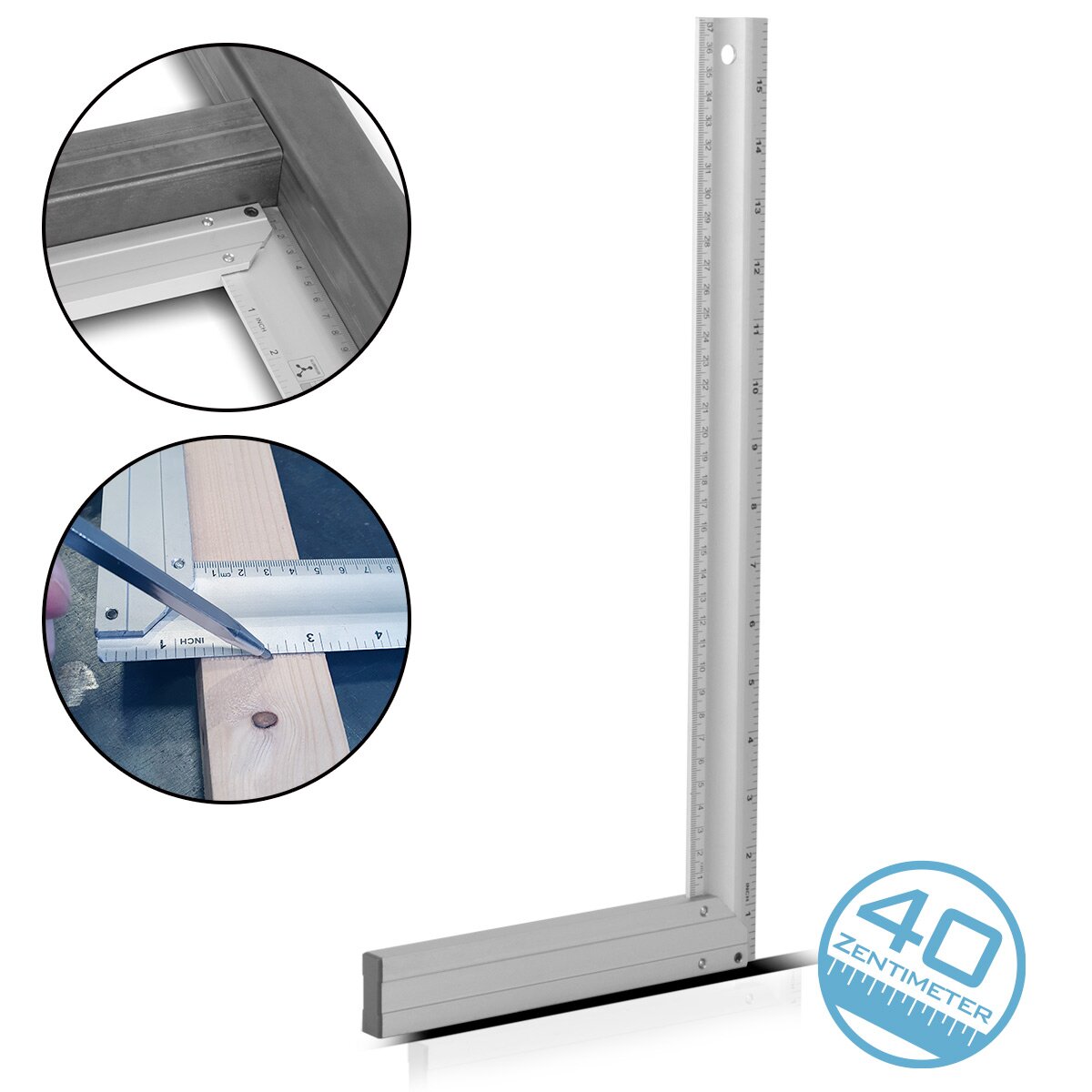 STAHLWERK équerre de mesure d'angle de butée en aluminium équerre de charpentier angle de 400 mm avec cm et pouces rivetés