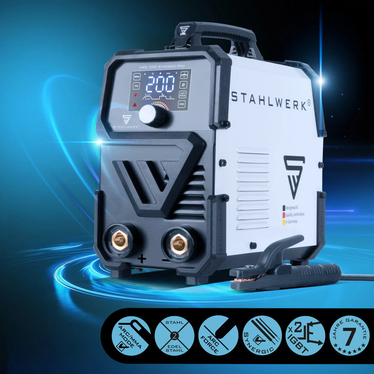 Poste de soudage à électrode STAHLWERK ARC 200 Synergic Pro, MMA entièrement synergique | E-main | Onduleur Lift-TIG avec 200 ampères et technologie IGBT