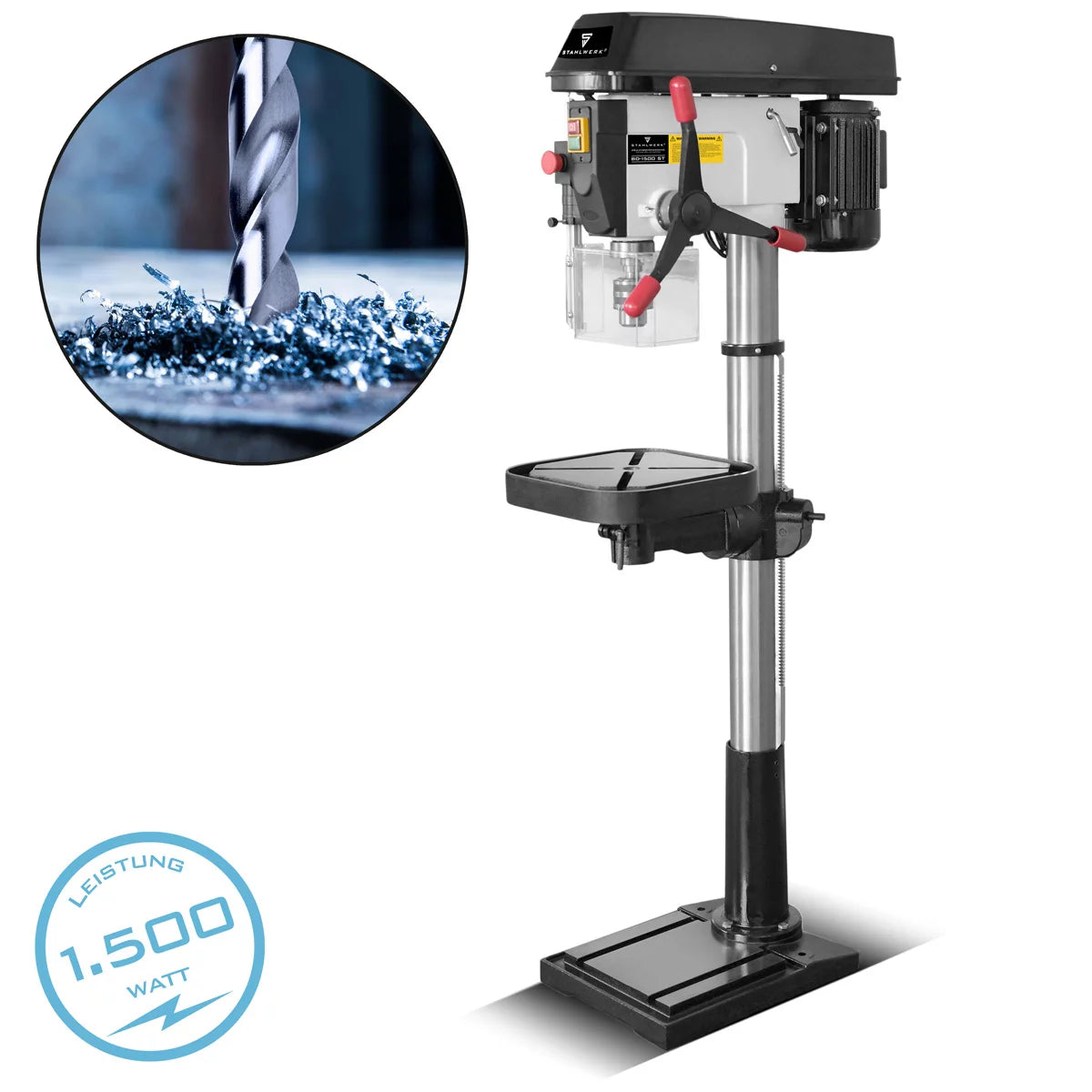 Taladradora de columna STAHLWERK BD-1500 ST | Potente taladro de columna de 1500 vatios para aficionados al bricolaje y la construcción metálica | Diámetro de perforación Ø 20 mm | 150 - 2.450 rpm | Mesa de perforación robusta y base de metal