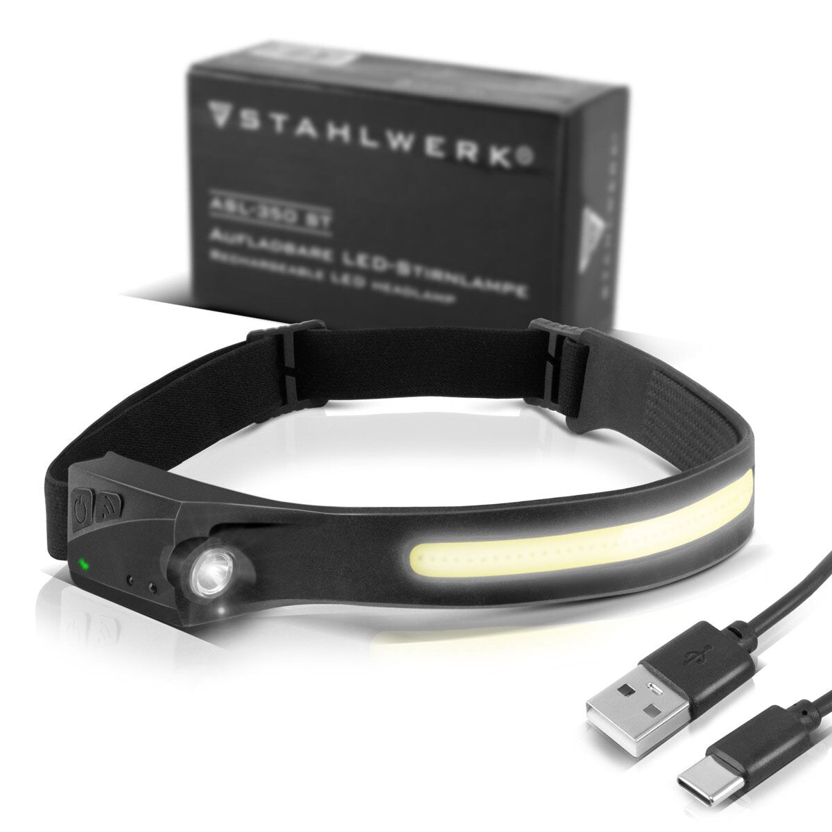 STAHLWERK LED Stirnlampe ALS-350 ST Leistungsstarke Kopfleuchte / Arbeitsleuchte / Stirnleuchte mit integriertem Akku, USB-C-Anschluss, 5 Licht-Modi und Sensor