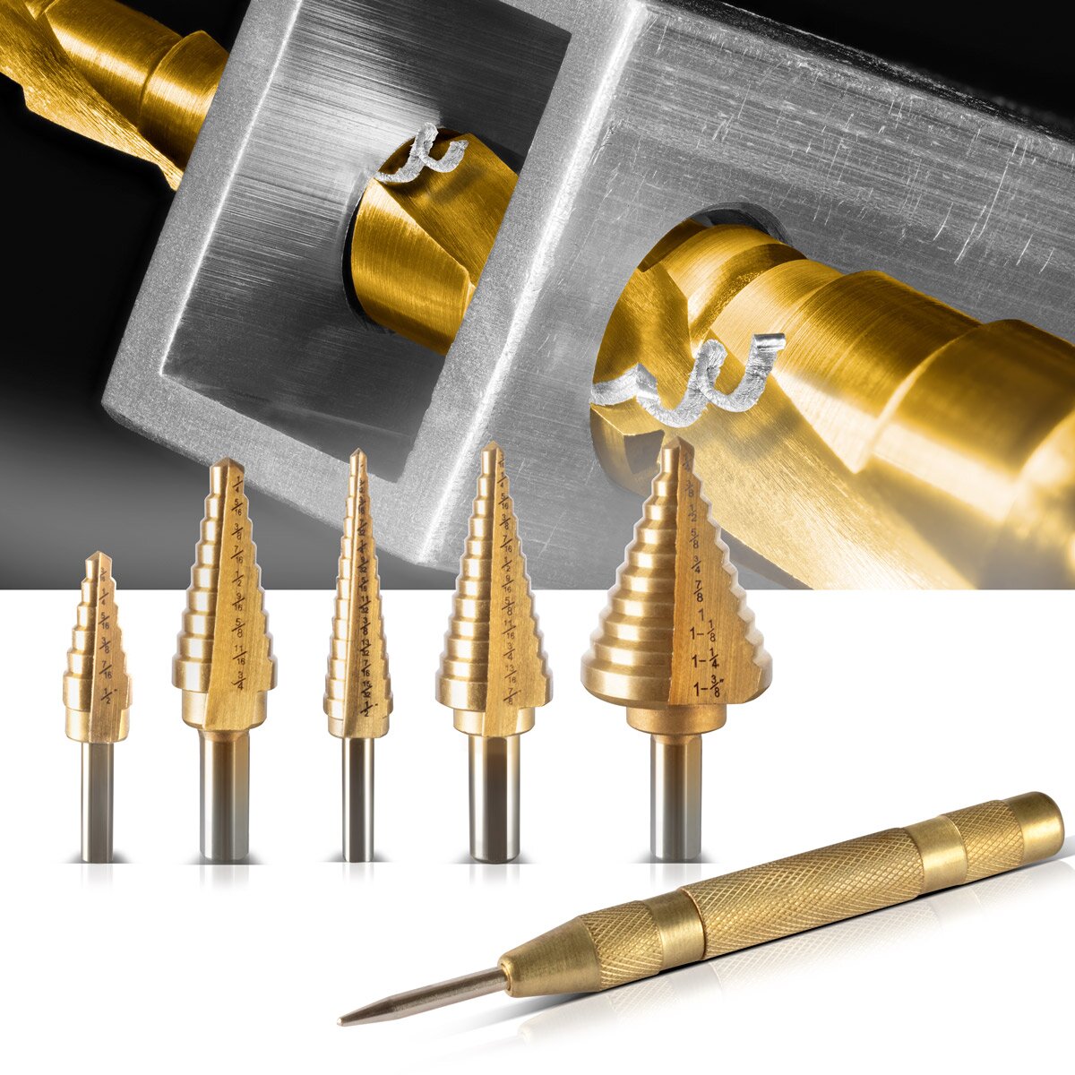 STAHLWERK HSS step drill / cone drill set 6 parts with TiN coating, countersunk drill / metal drill for precise drilling of alloyed and non-alloyed steels including automatic center punch and aluminum case