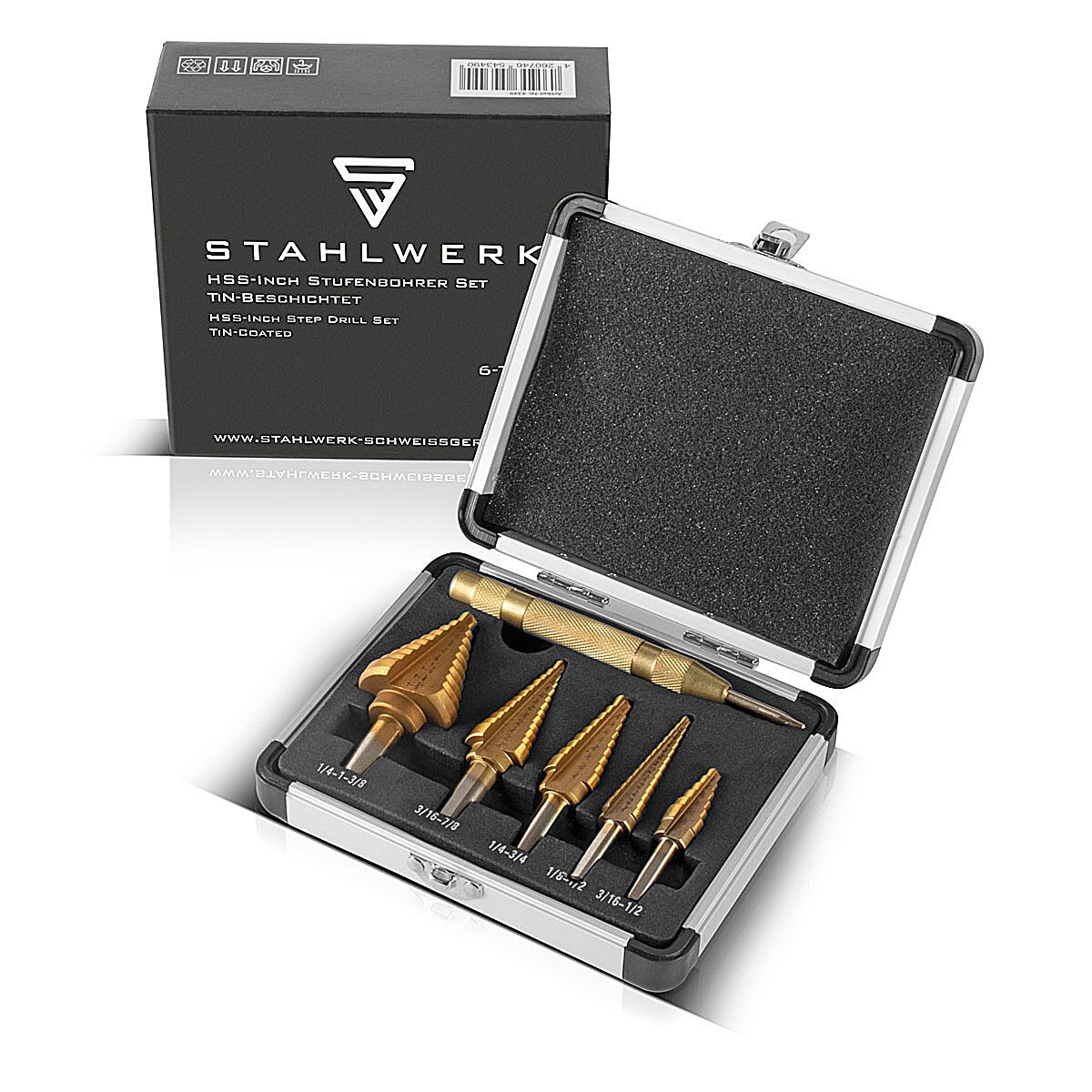 STAHLWERK HSS step drill / cone drill set 6 parts with TiN coating, countersunk drill / metal drill for precise drilling of alloyed and non-alloyed steels including automatic center punch and aluminum case
