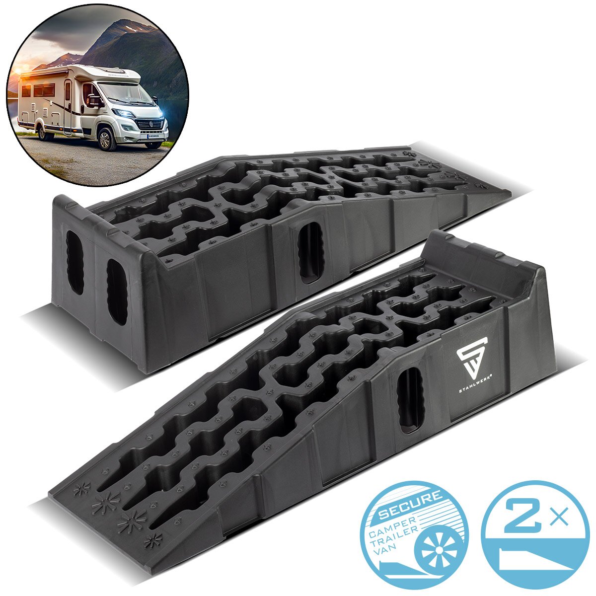 STAHLWERK Stufenkeil GT-15 ST 2er Set mit 6 t Tragkraft 905 x 330 x 215 mm Auffahrkeil | Unterlegkeil | Auffahrrampe | Auffahrbock | Ausgleichkeil für Wohnmobil, Caravan, Wohnwagen oder Anhänger