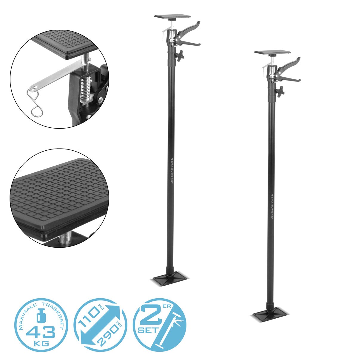 Barra di supporto telescopico Stahlwerk 2 set 110-290 cm con 43 kg di gruppo di gruppo di capacità di carico | Baustützen | Supporto telescopico | Tenditore della porta | Supporto del soffitto | Supporto di tensione | Supporto a mano | Rapido