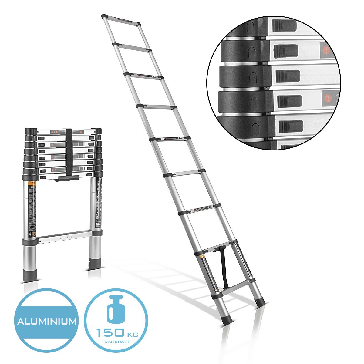 STAHLWERK telescopic ladder TL-260 ST with 150 kg load capacity and 2.60 m maximum length, extendable aluminum ladder | Leaning ladder | Rung ladder with non-slip rungs including 7-year manufacturer's guarantee