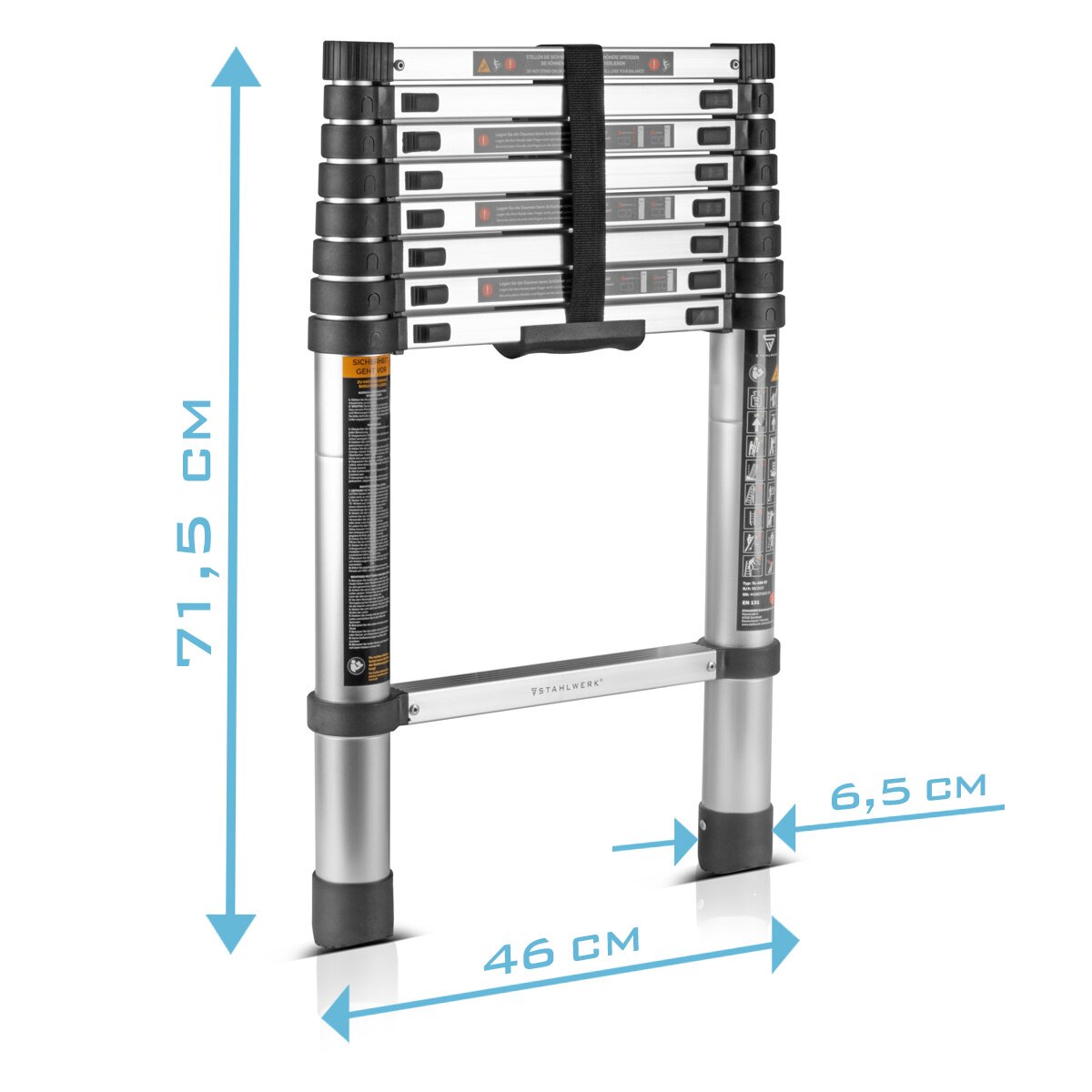 STAHLWERK telescopic ladder TL-260 ST with 150 kg load capacity and 2.60 m maximum length, extendable aluminum ladder | Leaning ladder | Rung ladder with non-slip rungs including 7-year manufacturer's guarantee