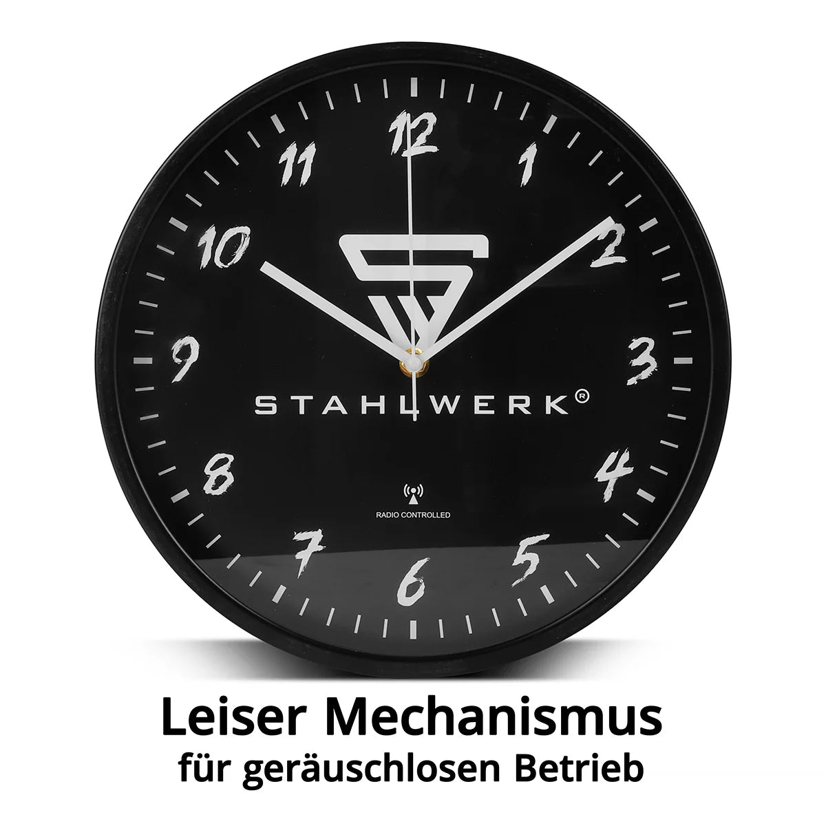 STAHLWERK wall clock 30 cm black workshop clock | Radio controlled clock | Radio wall clock | Office clock | Kitchen clock with aluminum housing and RCC movement