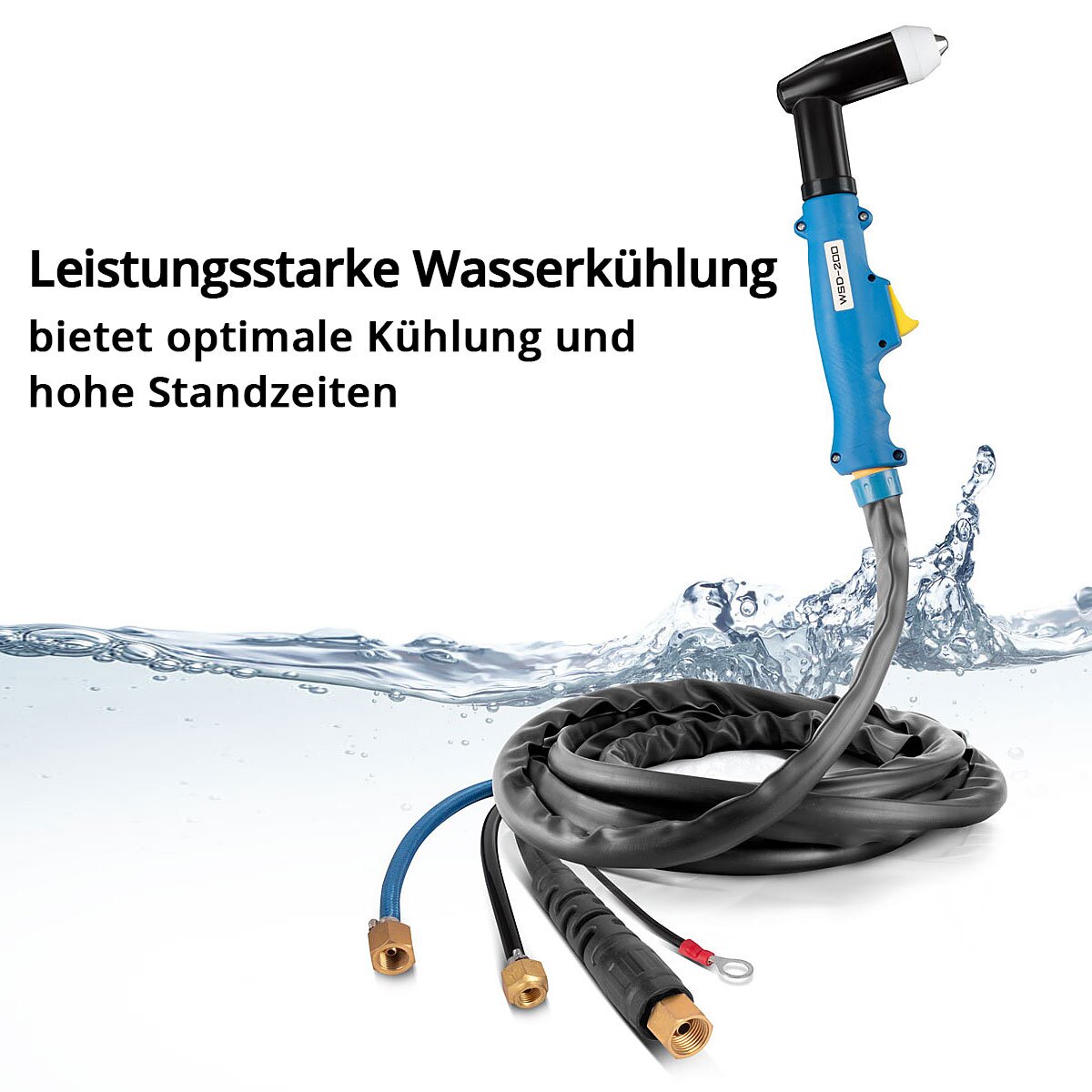 Torche de découpe plasma refroidie à l'eau STAHLWERK WSD-200 jusqu'à 200 A Torche de découpe CUT | Torche à plasma avec paquet de tuyaux de 5 m et entretoise séparée | Guide de rouleau de découpeur plasma