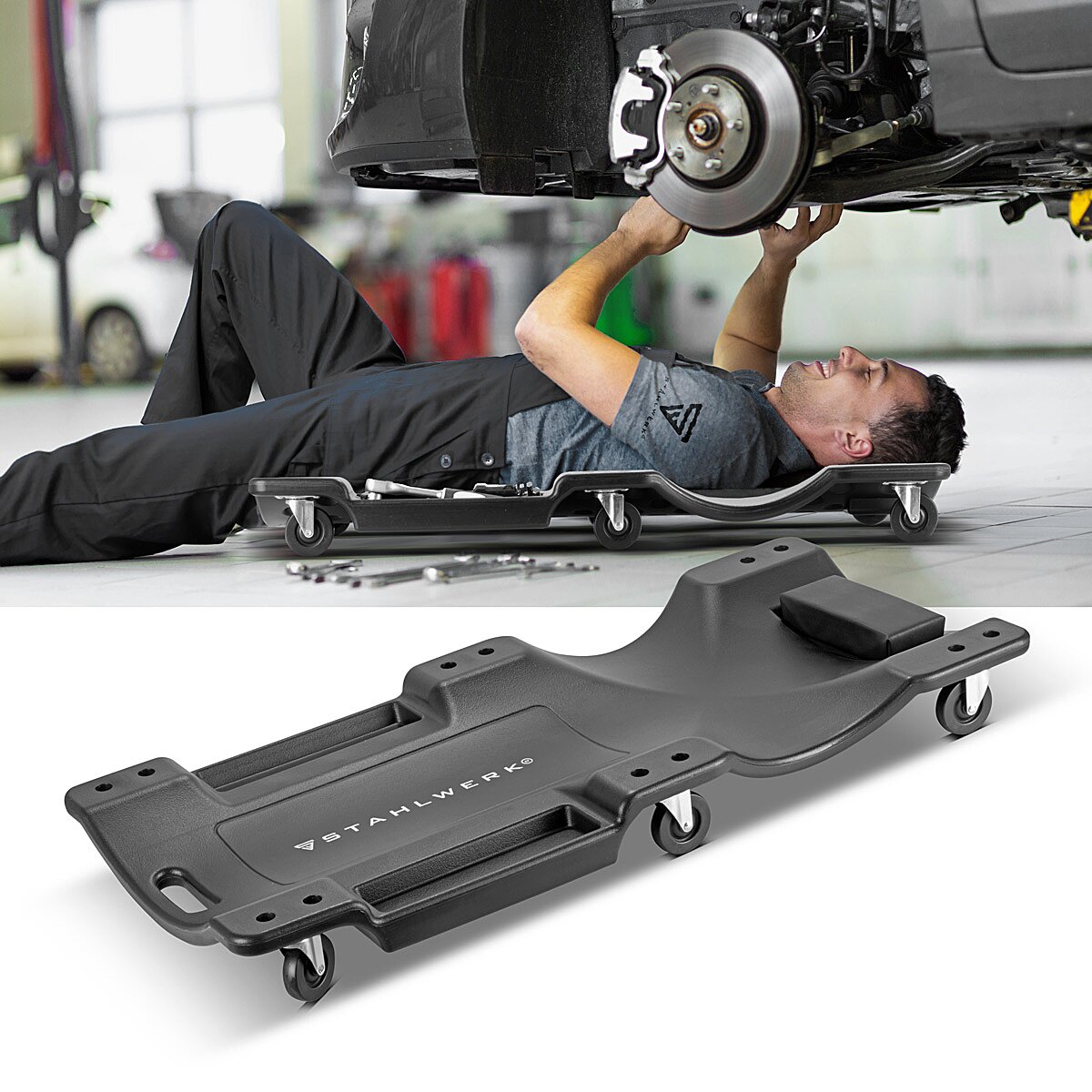 STAHLWERK Kfz-Rollbrett RC-40 ST mit 500 kg Tragfähigkeit und 6 beweglichen Rollen, ergonomisches Montagerollbrett | Montageliege | Werkstattrollbrett | Werkstattliege aus robustem Kunststoff