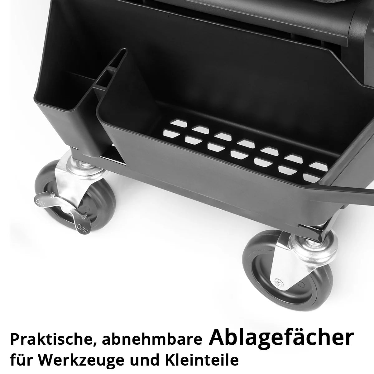 Taburete de taller STAHLWERK MMH-135 ST | Asiento de taller enrollable con cajón y compartimentos laterales | Asiento mecánico con 4 ruedas giratorias | Almohadilla de asiento extraíble como protección para las rodillas | Taburete rodante para taller.