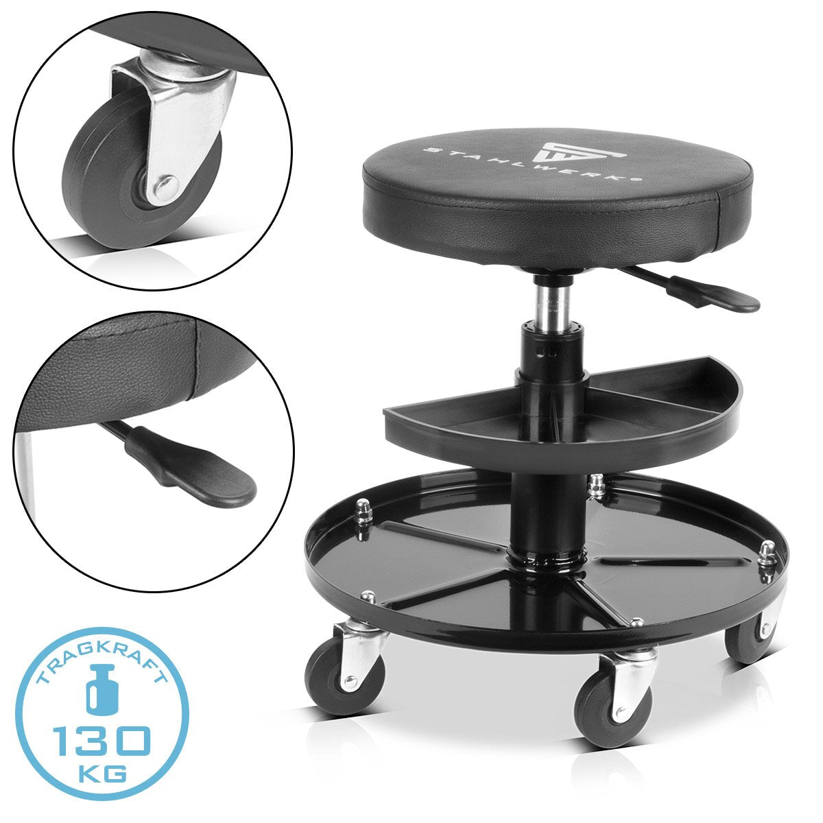 STAHLWERK workshop stool WRH-295 ST with 130 kg load capacity, height-adjustable workshop seat | Workshop chair | Rolling stool | Work stool | Swivel stool with smooth-running swivel castors and storage recesses