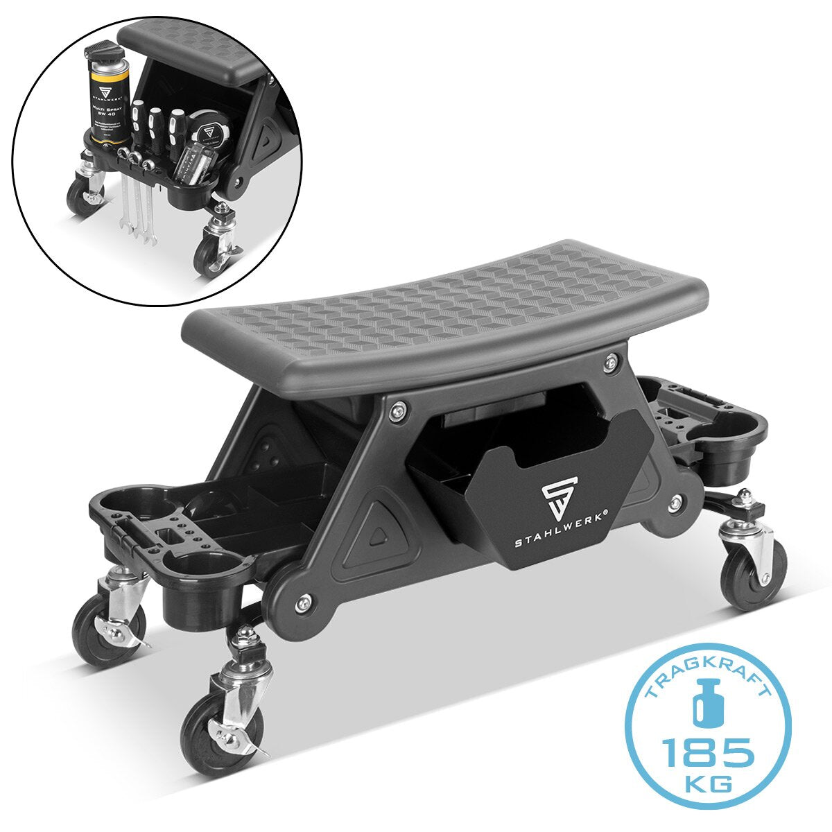 STAHLWERK workshop stool WRS-185 with 185 kg load capacity workshop seat | Workshop chair | Rolling stool | Workshop rolling seat with drawer, storage compartments, smooth-running swivel castors and can holder