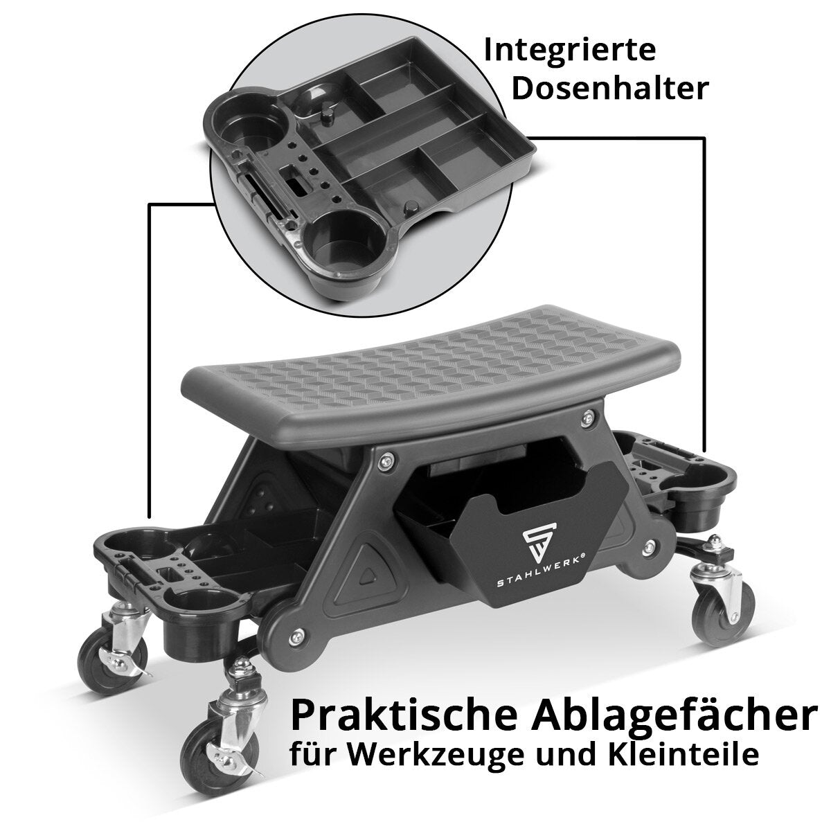 STAHLWERK workshop stool WRS-185 with 185 kg load capacity workshop seat | Workshop chair | Rolling stool | Workshop rolling seat with drawer, storage compartments, smooth-running swivel castors and can holder