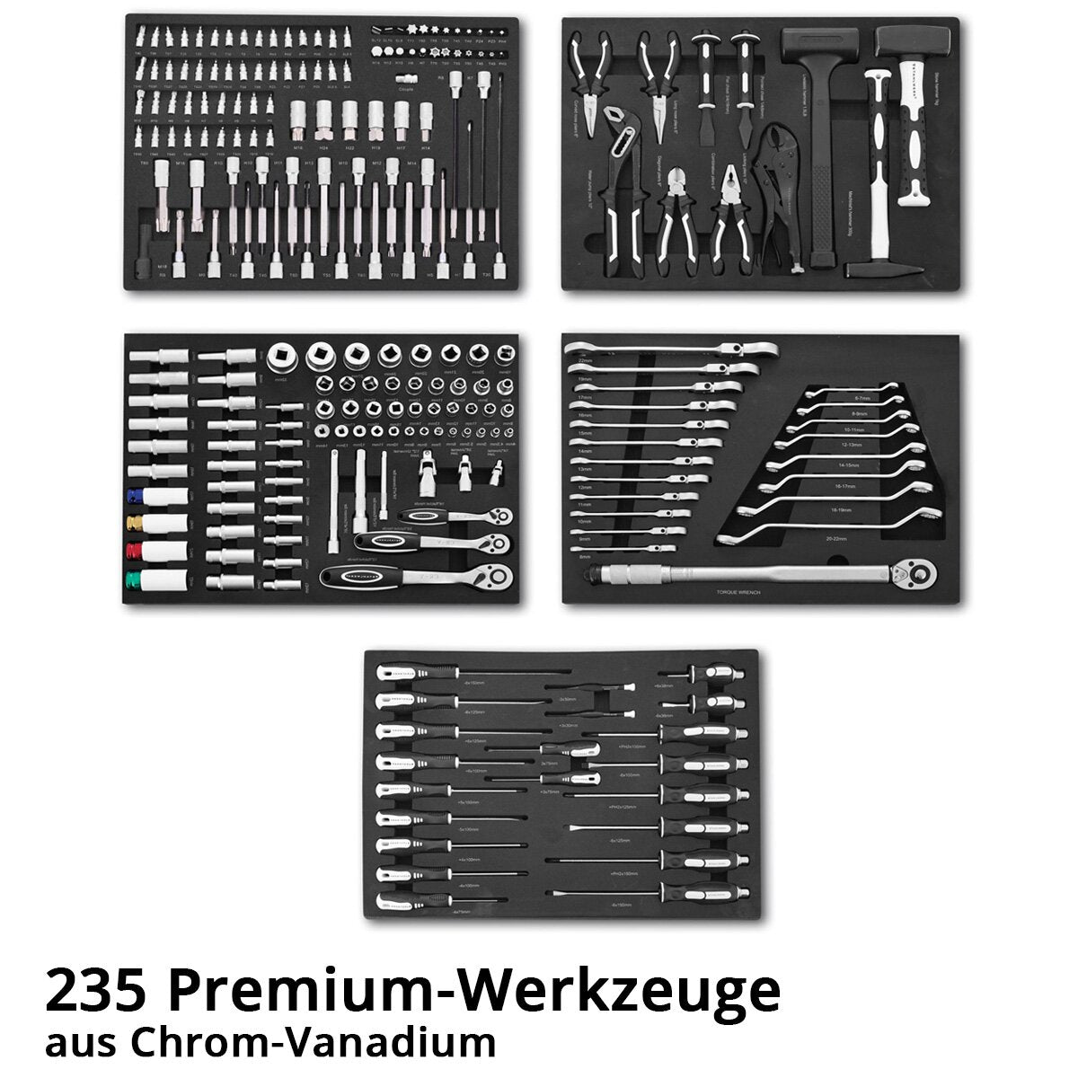 STAHLWERK Werkstattwagen SHARK bestückt mit 235 Premium-Werkzeugen aus Chrom-Vanadium abschließbarer Werkzeugwagen | Profi Montagewagen mit 7 Schubladen und gummierten Long-Life-Rollen