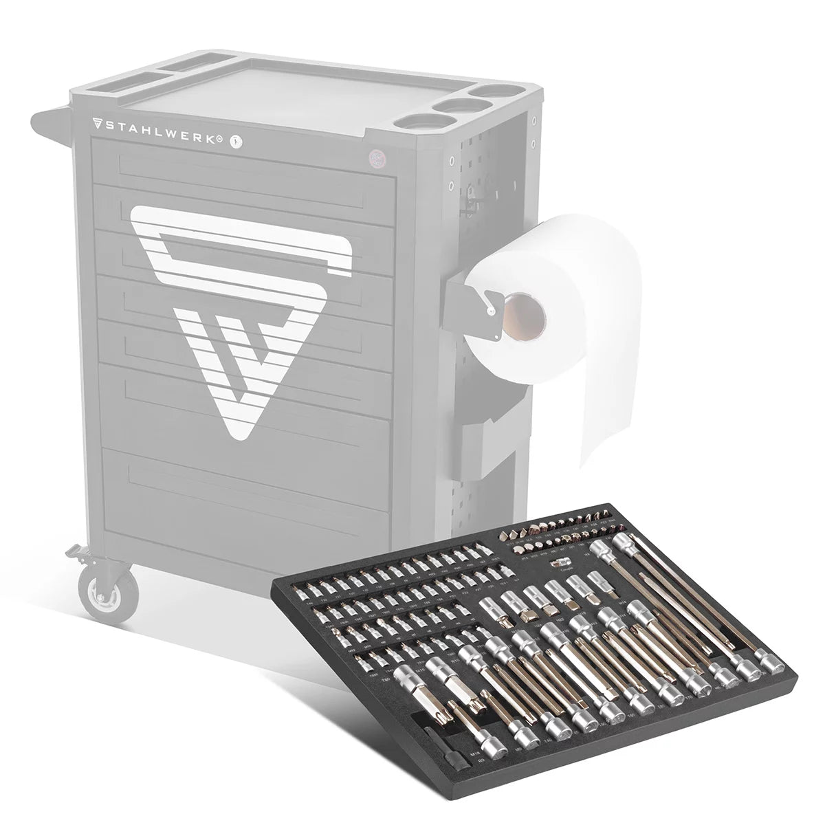 STAHLWERK 102-piece professional socket wrench set in workshop trolley insert | High quality CrV tool | Tool trolley insert | Perfect order | Bit and socket wrench set for reversible ratchets