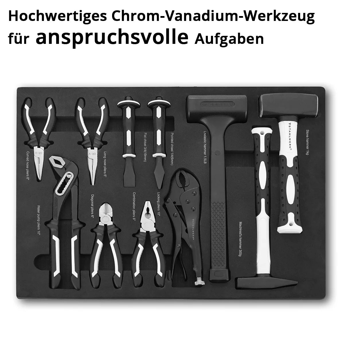 STAHLWERK 11-piece professional tool set with foam insert for workshop trolleys | High-quality tools in tool trolley insert | Includes pliers, hammers and chisels