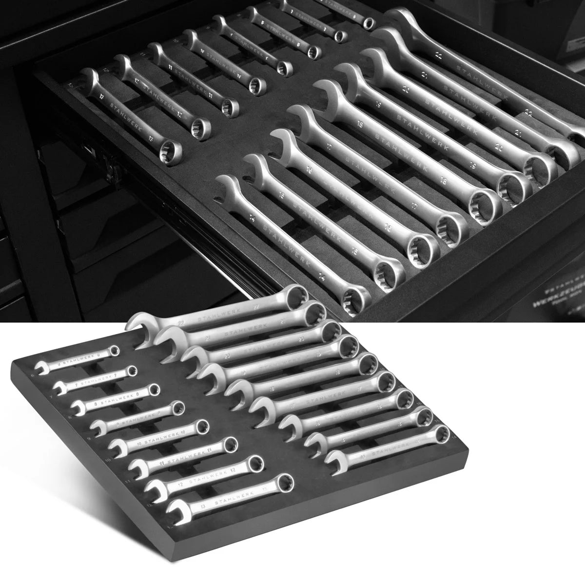 STAHLWERK 17-piece wrench set with foam insert | For workshop trolleys | Ring and open-end wrench set | All common sizes | Practical tool trolley insert