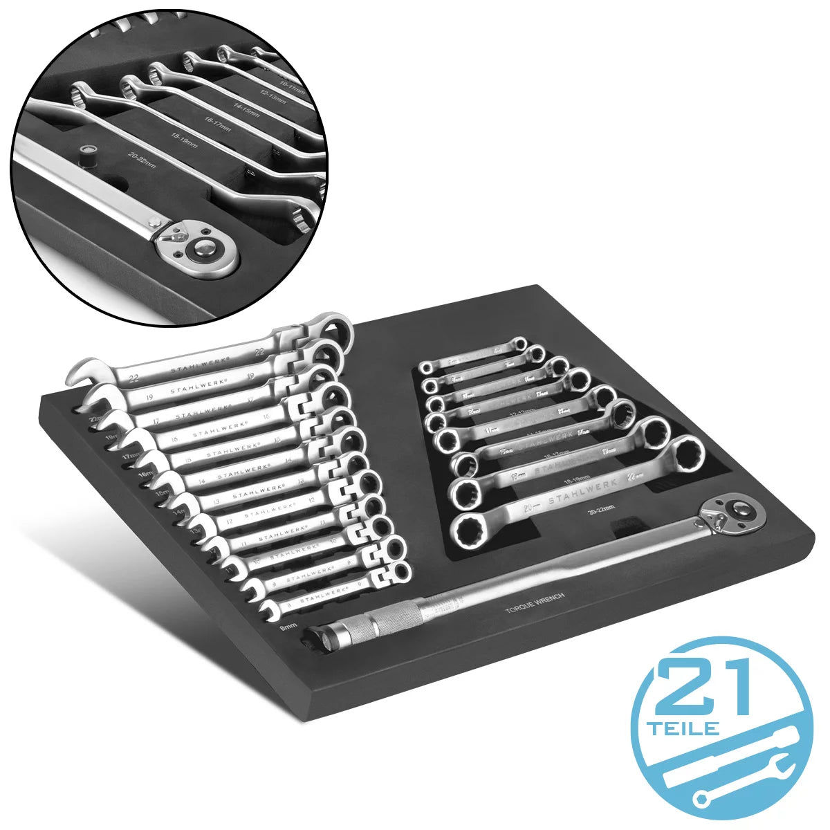 STAHLWERK 21-piece wrench set with foam insert | For workshop trolleys | Torque wrench and ring wrench set | Inclinable open-end wrench included Tool trolley insert