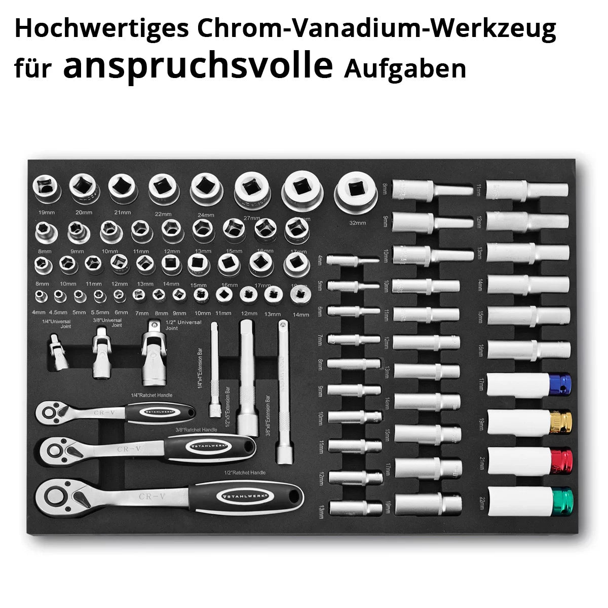 STAHLWERK 80-piece professional socket wrench set in workshop trolley insert | High quality CrV tool | Tool trolley insert | Perfect organization | Ratchet and ratchet set | 1/4", 3/8", 1/2"