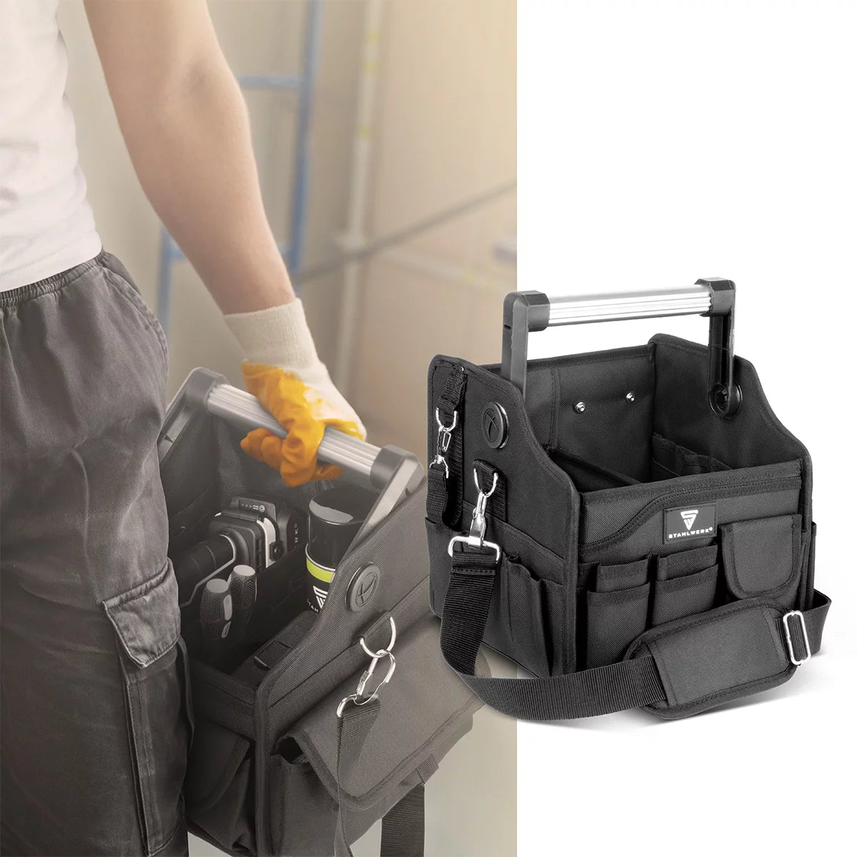 STAHLWERK Werkzeugtasche mit 14 Aussentaschen | 2 Innenfächer | Robuste Elektriker-Tasche | Tragbare Montagetasche mit verstärktem Rahmen | Aluminium-Tragegriff und Gurt | Strapazierfähiges Polyester