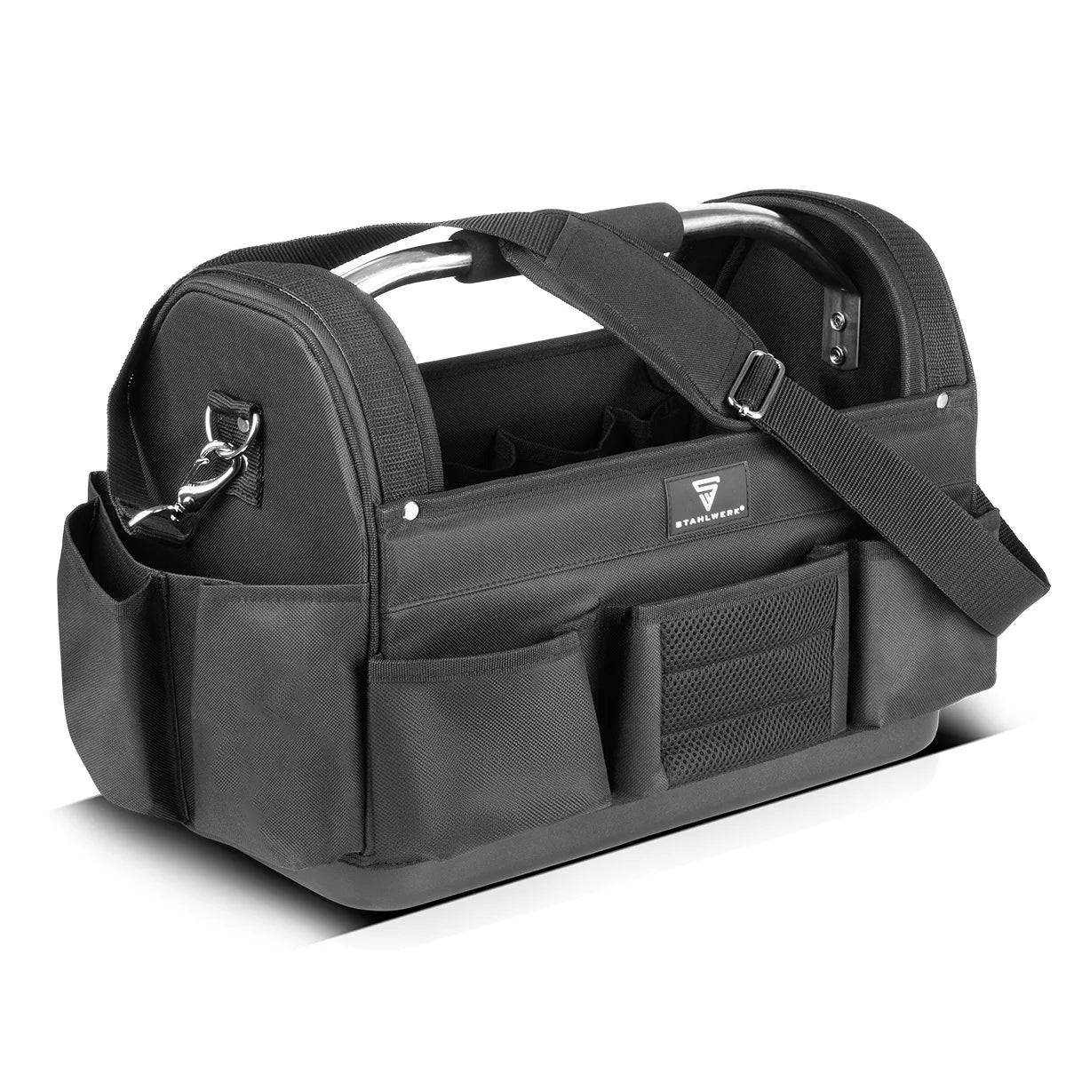 STAHLWERK Werkzeugtasche | 11 Aussen- und 10 Innentaschen | Robuste Installateur-Tasche | Tragbarer Werkzeugkoffer | Montagetasche mit Tragegriff und Schultergurt | Strapazierfähiges Polyester-Gewebe