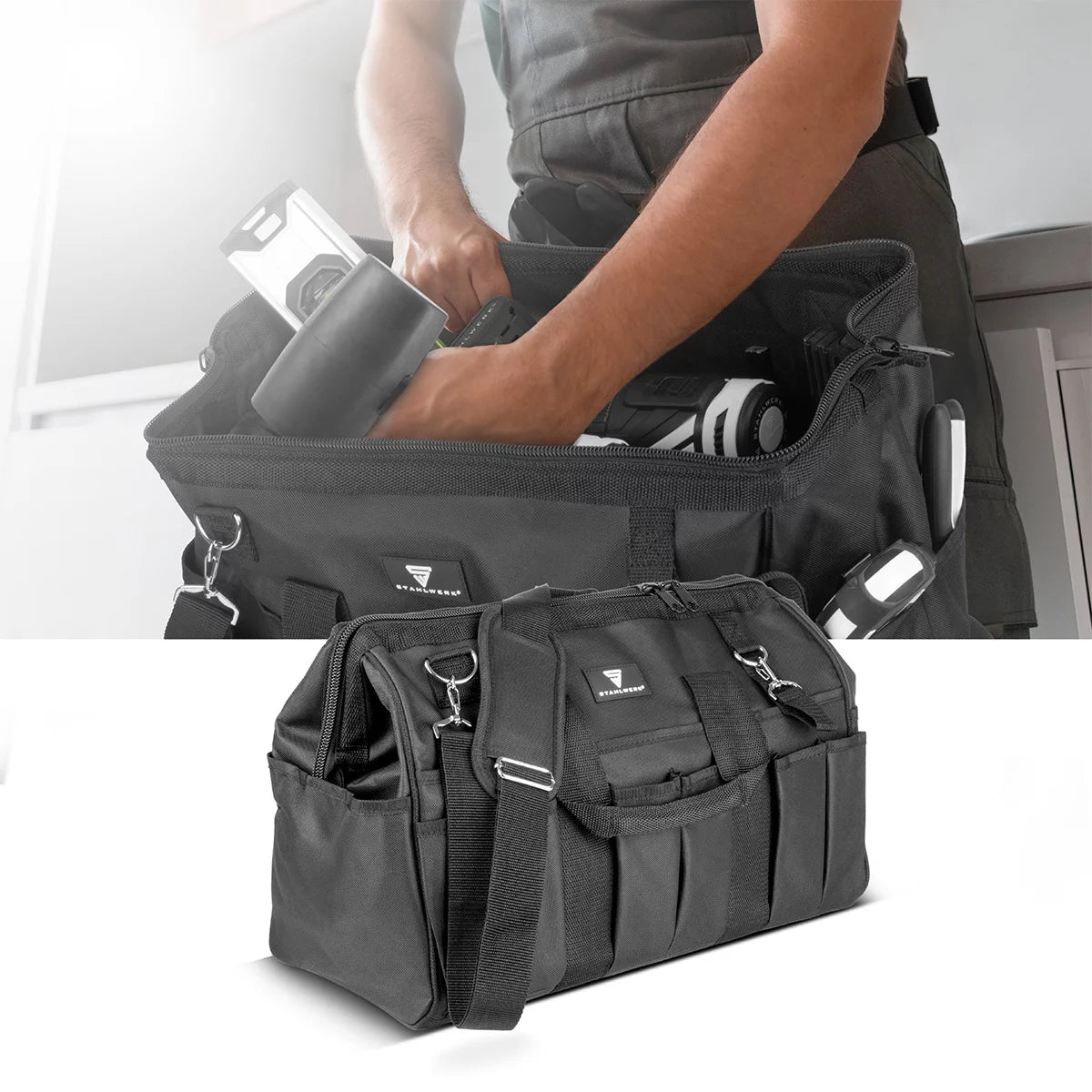 STAHLWERK Werkzeugtasche | 15 Aussen- und 6 Innenfächer | Weitöffnende Installateur-Tasche | Tragbarer Werkzeugkoffer | Montagetasche mit Doppelgriff und Gurt | Strapazierfähiges Polyester-Gewebe