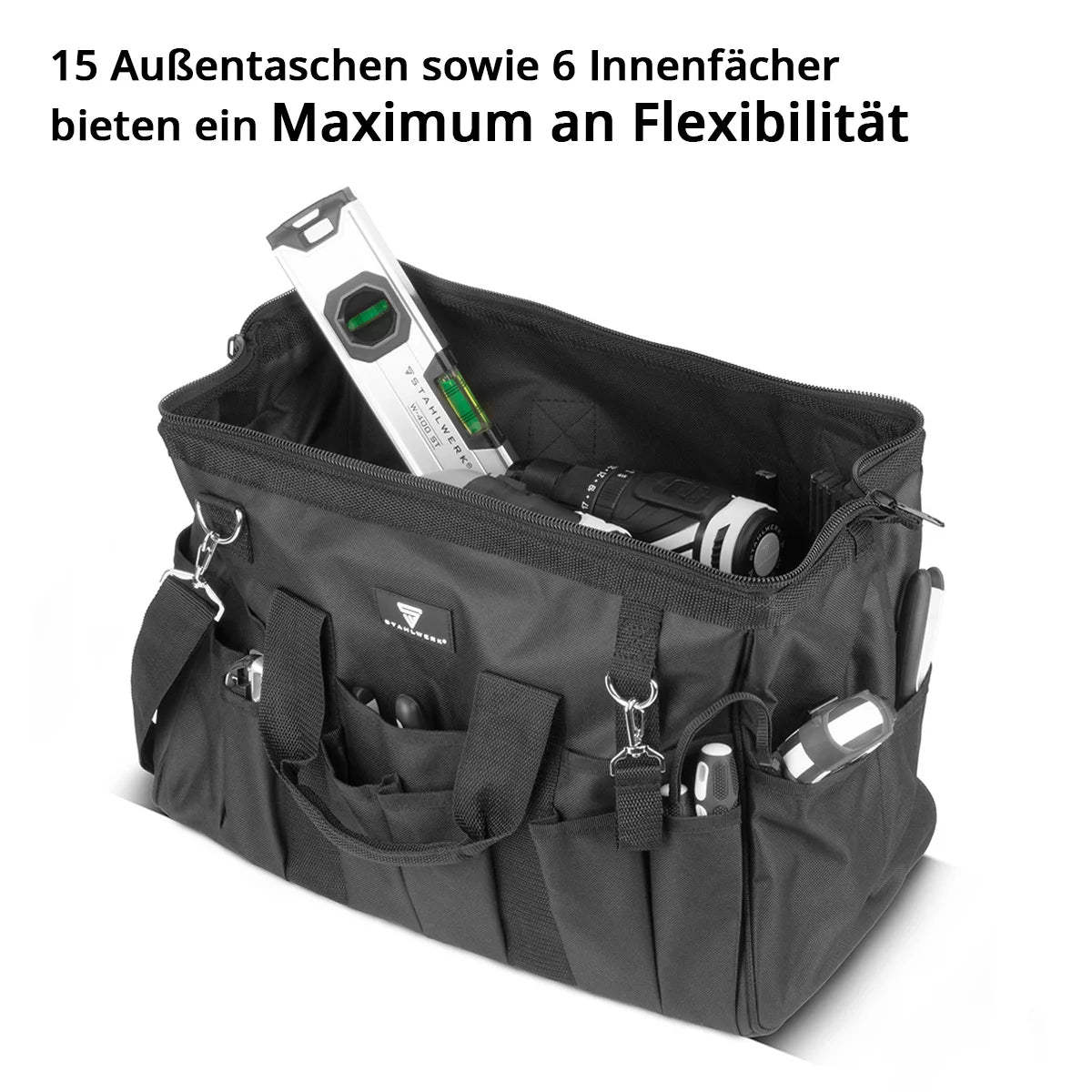 STAHLWERK Werkzeugtasche | 15 Aussen- und 6 Innenfächer | Weitöffnende Installateur-Tasche | Tragbarer Werkzeugkoffer | Montagetasche mit Doppelgriff und Gurt | Strapazierfähiges Polyester-Gewebe