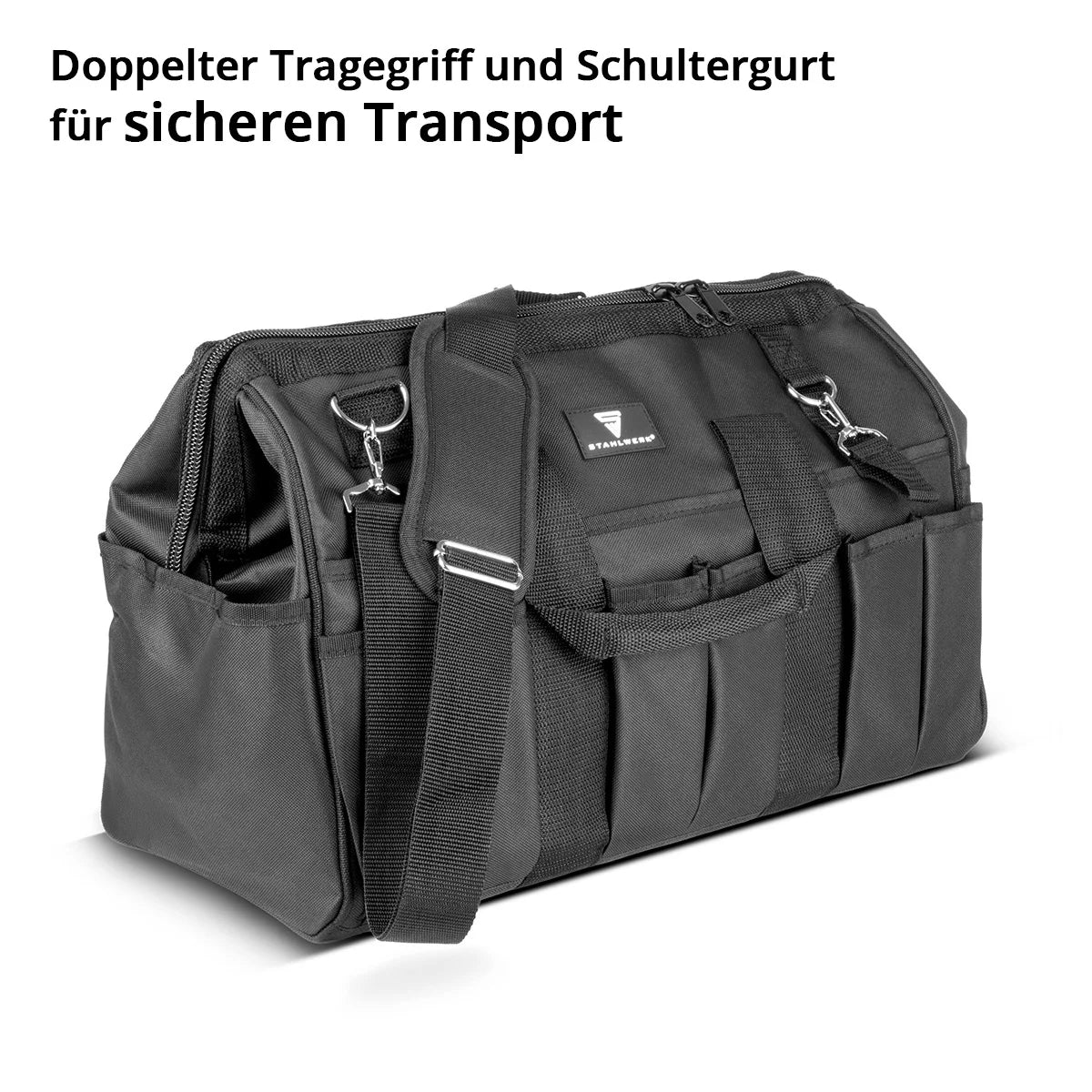 STAHLWERK Werkzeugtasche | 15 Aussen- und 6 Innenfächer | Weitöffnende Installateur-Tasche | Tragbarer Werkzeugkoffer | Montagetasche mit Doppelgriff und Gurt | Strapazierfähiges Polyester-Gewebe