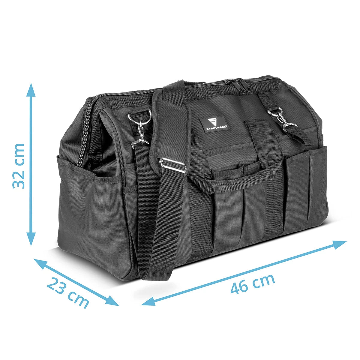 STAHLWERK Werkzeugtasche | 15 Aussen- und 6 Innenfächer | Weitöffnende Installateur-Tasche | Tragbarer Werkzeugkoffer | Montagetasche mit Doppelgriff und Gurt | Strapazierfähiges Polyester-Gewebe