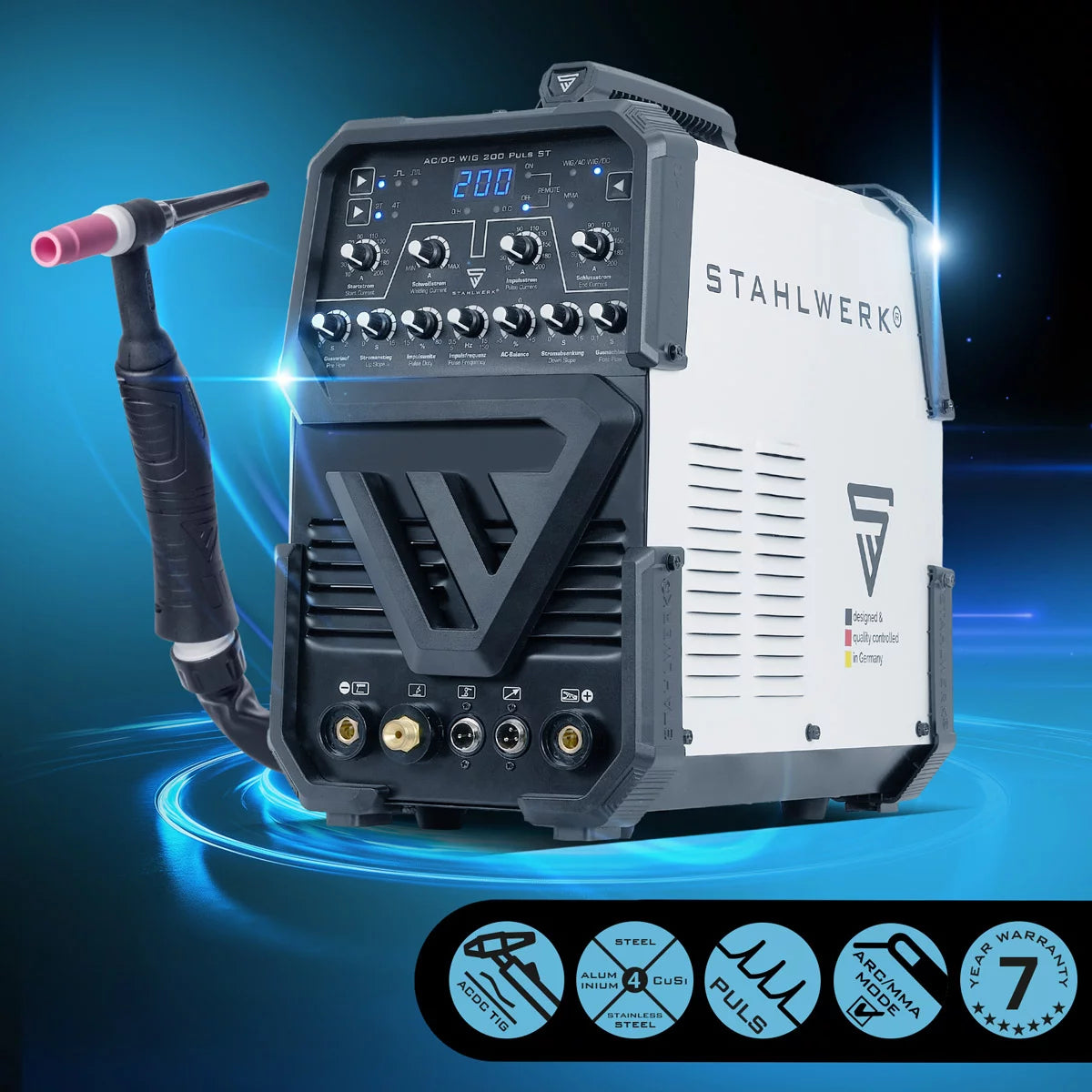 STAHLWERK AC/DC WIG 200 Puls ST | WIG-Schweißgerät mit 200 Ampere | AC/DC WIG und MMA/E-Hand Kombi-Inverter | 2T / 4T-Modus | Dünnblech geeignet | AC-Modus für Aluminium | Hotstart und Anti-Stick
