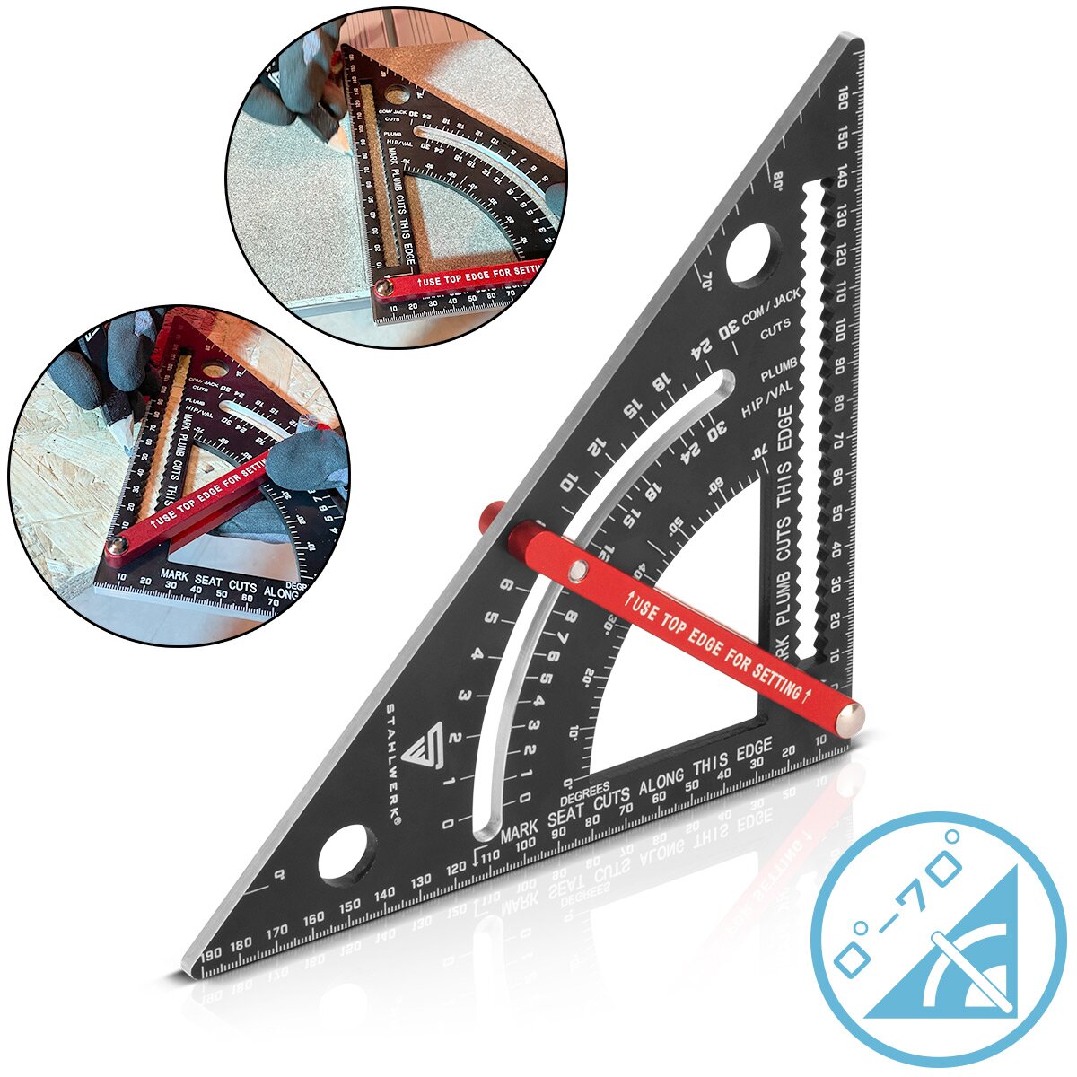 Triangle d'angle STAHLWERK avec butée rapporteur métrique en aluminium | Essayez le triangle carré | angle du charpentier | Équerre multifonctionnelle pour mesurer, marquer, marquer et dessiner avec précision