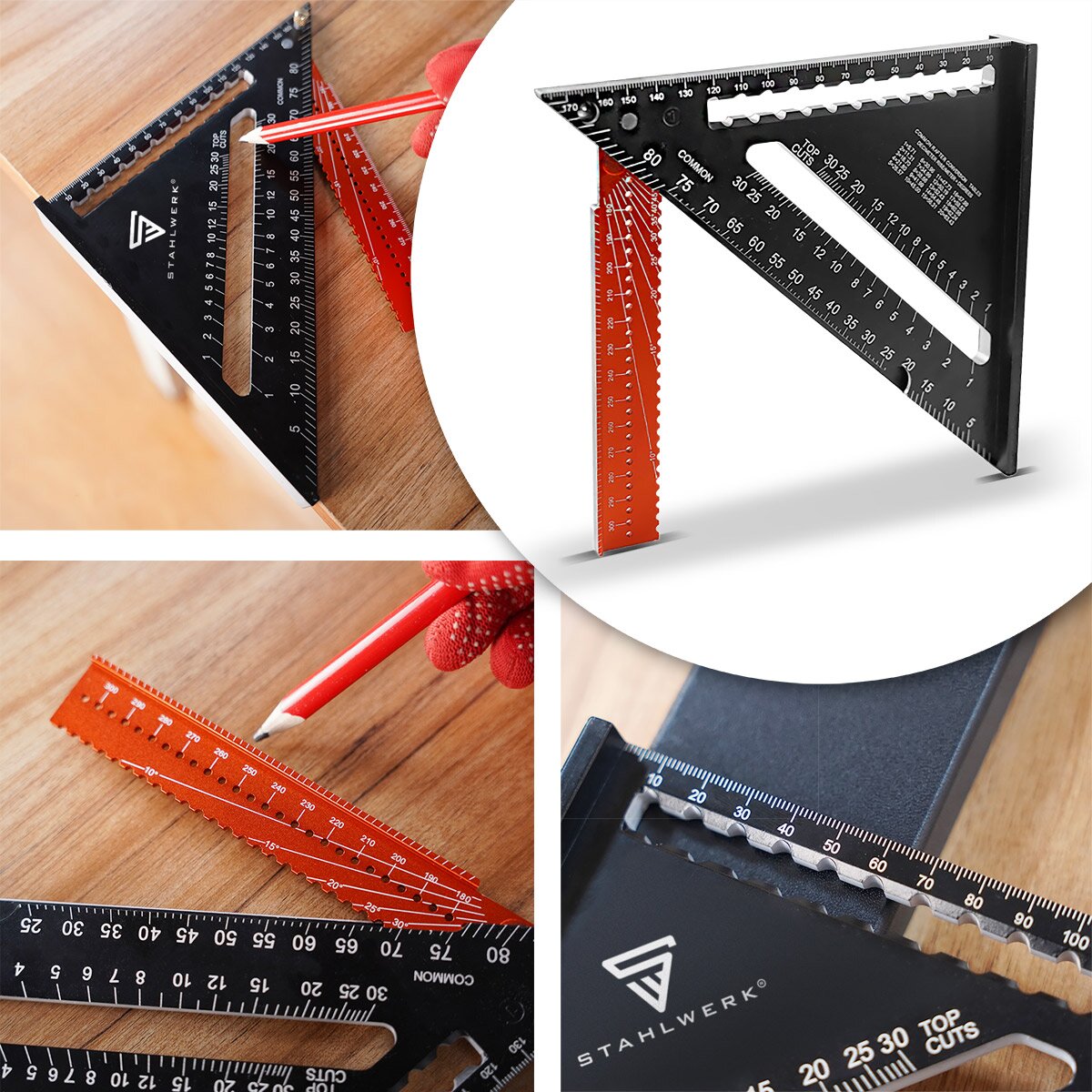 STAHLWERK triángulo angular con tope transportador de aluminio | Prueba con el triángulo cuadrado | ángulo de carpintero | Escuadra multifuncional para medir, marcar, marcar y dibujar con precisión