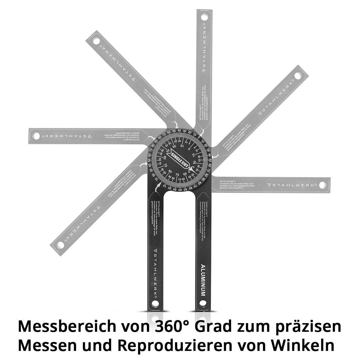 Goniometro STAHLWERK Goniometro per mitra in alluminio a 360° | Dispositivo di misurazione dell'angolo | Calibro | Righello angolare | Goniometro | Strumento di misurazione per tagli obliqui precisi