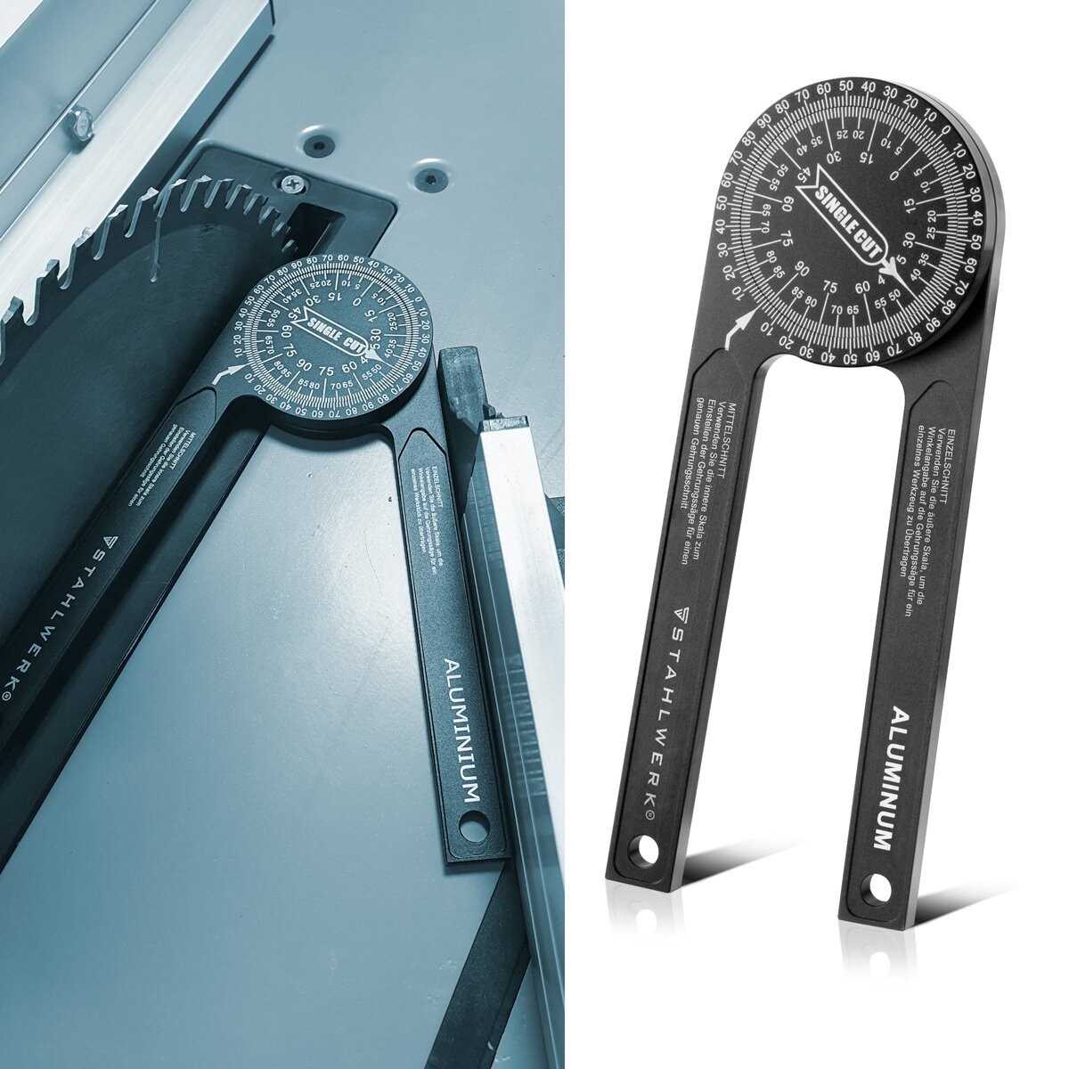 Transportador STAHLWERK Transportador de inglete de aluminio de 360° grados | Dispositivo de medición de ángulos | Calibre | Regla de ángulo | Goniómetro | Herramienta de medición para cortes a inglete precisos