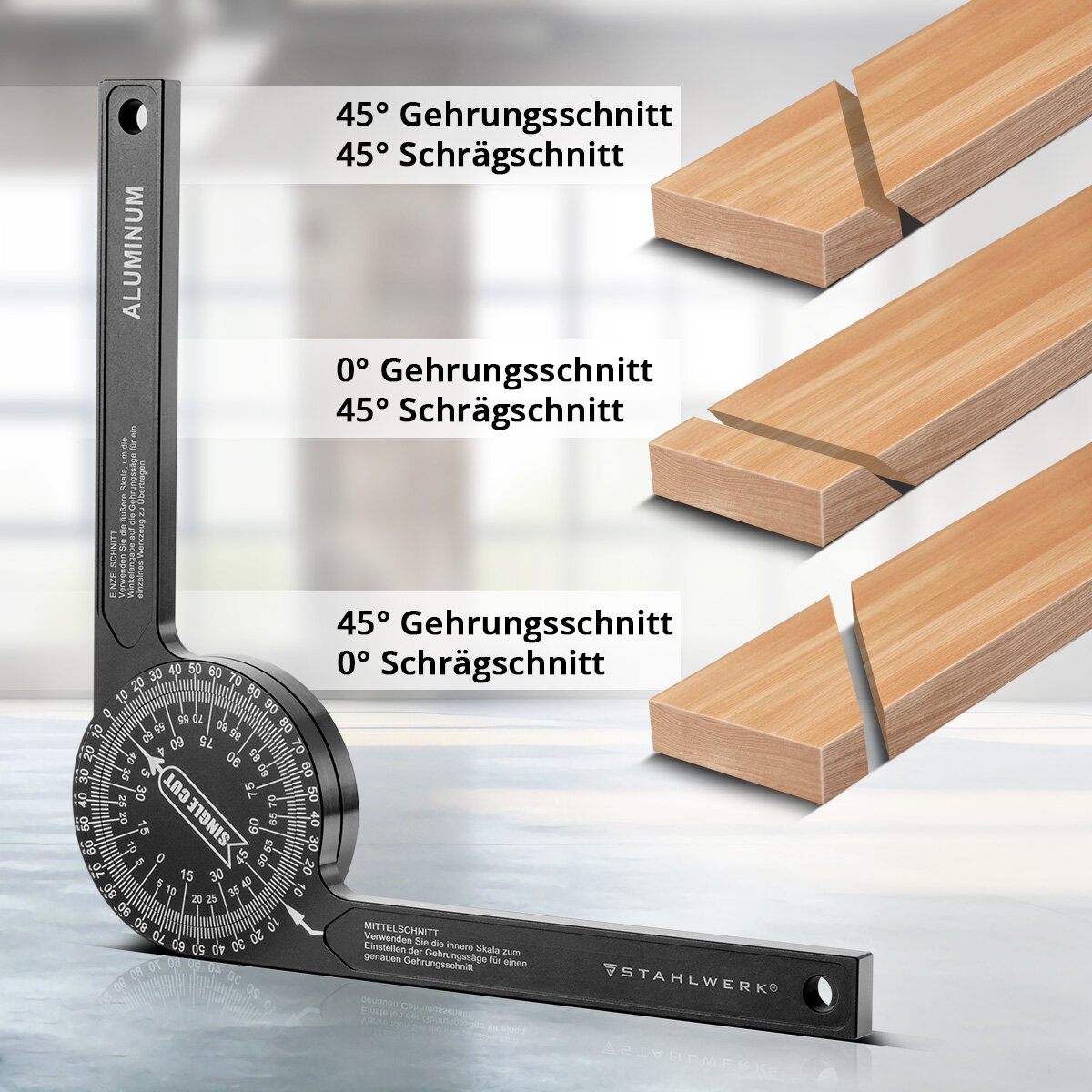 Transportador STAHLWERK Transportador de inglete de aluminio de 360° grados | Dispositivo de medición de ángulos | Calibre | Regla de ángulo | Goniómetro | Herramienta de medición para cortes a inglete precisos