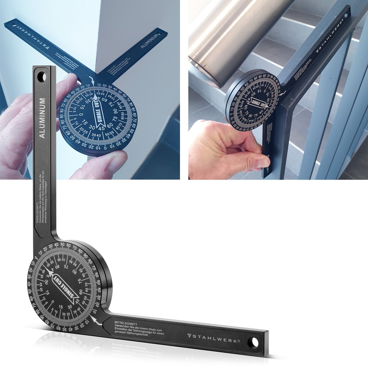 Transportador STAHLWERK Transportador de inglete de aluminio de 360° grados | Dispositivo de medición de ángulos | Calibre | Regla de ángulo | Goniómetro | Herramienta de medición para cortes a inglete precisos