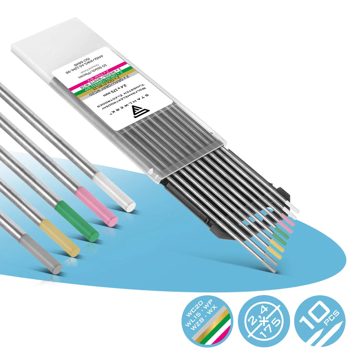 Electrodos de tungsteno / electrodos de soldadura STAHLWERK dorado, gris, rosa, blanco, verde de 2,4 mm cada uno en un práctico juego de 10
