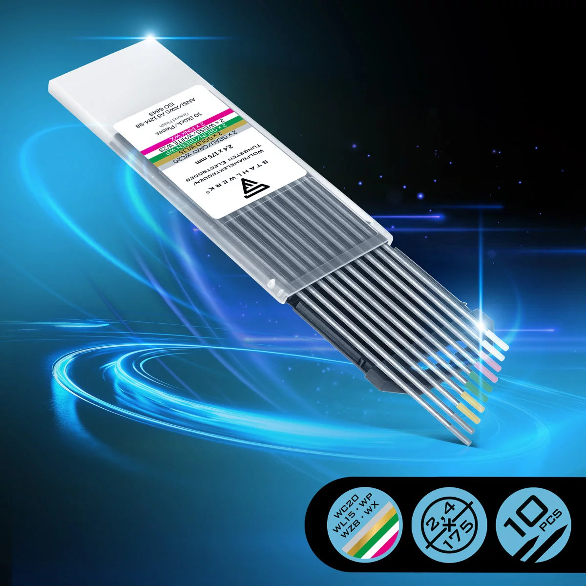 Electrodos de tungsteno / electrodos de soldadura STAHLWERK dorado, gris, rosa, blanco, verde de 2,4 mm cada uno en un práctico juego de 10