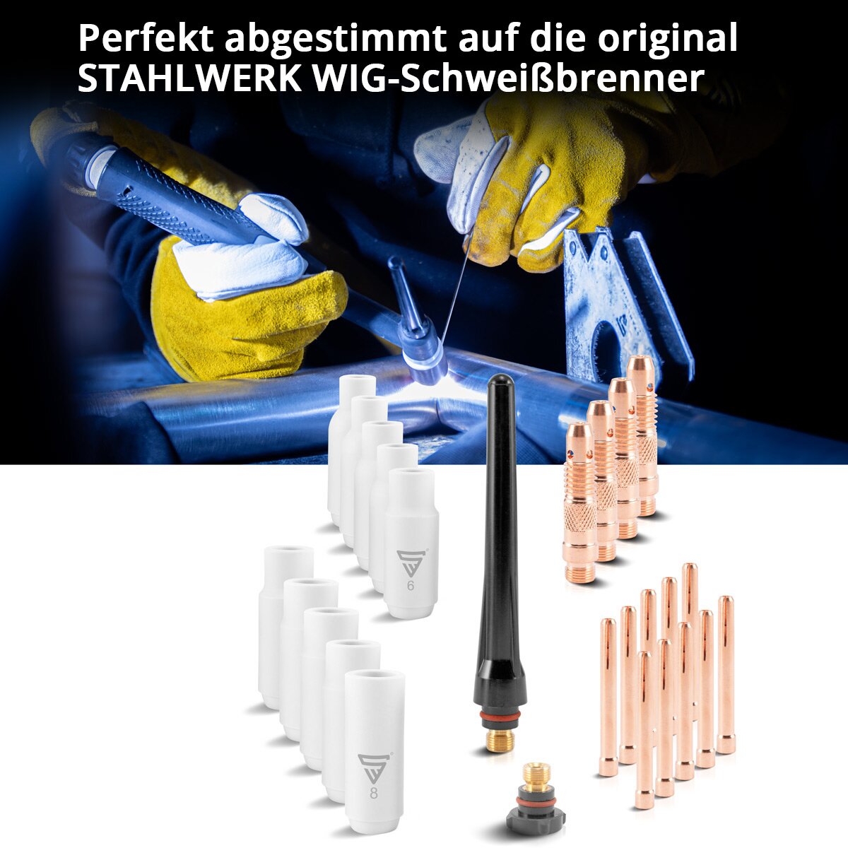 STAHLWERK WP-26 Premium WIG Verschleißteile-Set 26-teiliges Schweißzubehör mit Long-Life-Keramikdüsen, Spannhülsen, Spannhülsengehäusen und Brennerkappen für WP | SR 17, 18, 26 WIG Schweißbrenner