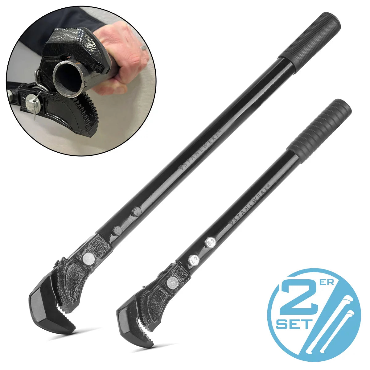 STAHLWERK Zangenschlüssel 2er Set 450/600 mm (18"/24") Selbstjustierende Rohrzange | Rohrschlüssel | Montageschlüssel | Rohrdreher | Schnellschlüssel | Multifunktionsschlüssel aus Chrom-Vanadium