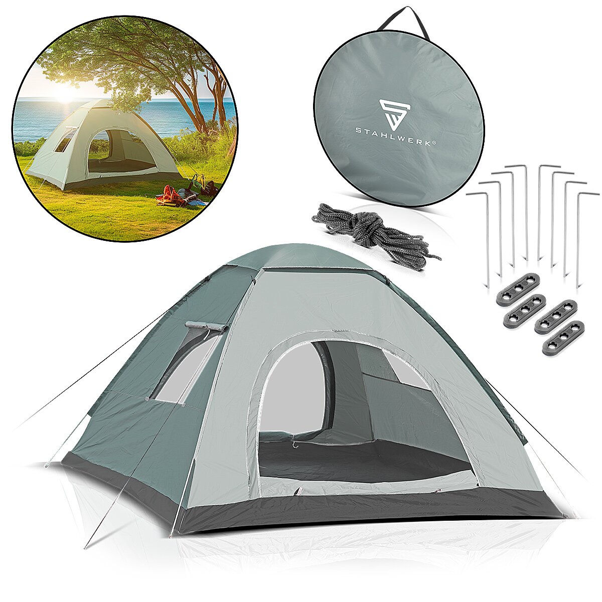 Tente de camping STAHLWERK Z-200 ST Tente pop-up à monter soi-même 200 x 200 cm | Tente pop-up | Tente igloo | tente pliante | Tente dôme | Tente de randonnée | Tente pour 2-3 personnes avec sac de transport