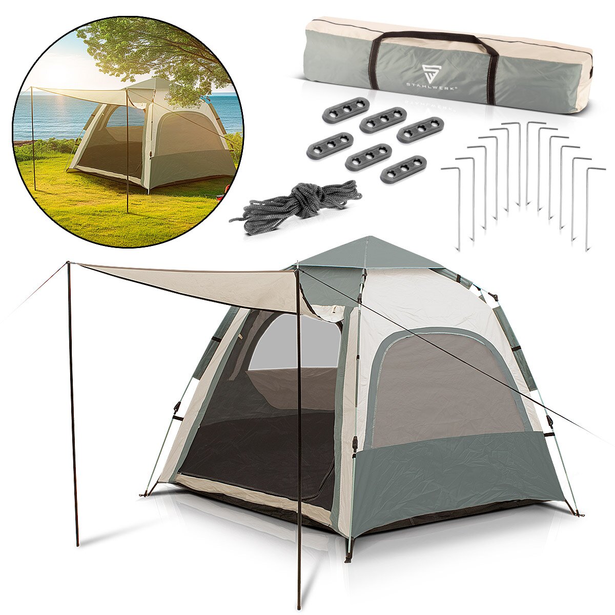 STAHLWERK camping tent Z-273 ST 273 x 273 cm self-assembly pop-up tent | Pop-up tent | Igloo tent | folding tent | Dome tent | Trekking tent | Tent for 3-4 people including transport bag