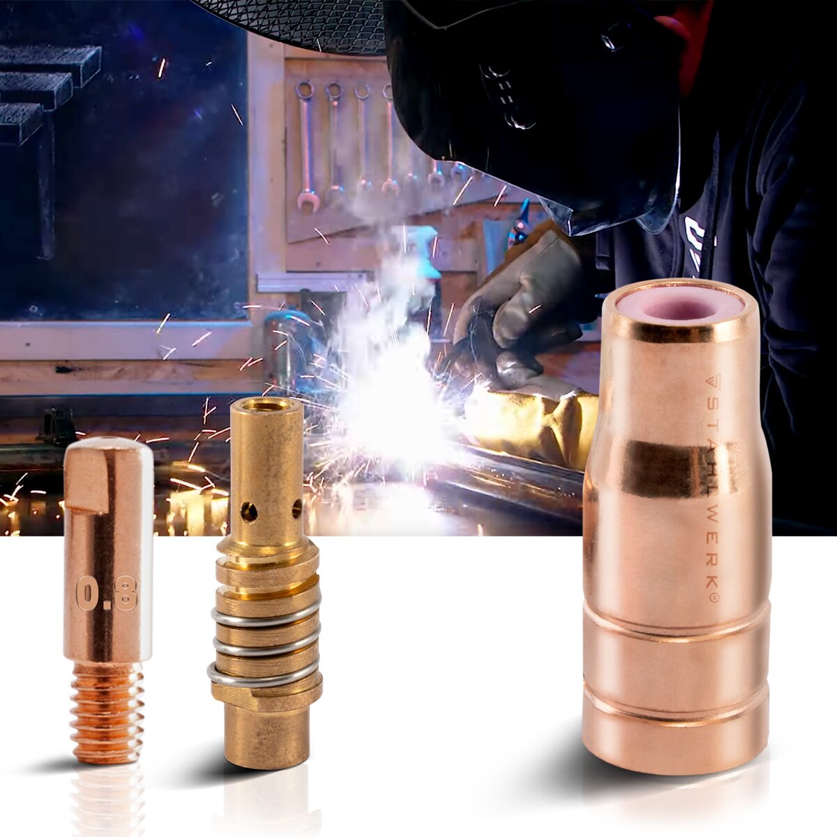 STAHLWERK FLUX AK15/MB15 AK14/MB14 Verschleißteile Set | 23-teiliges Original Schweißzubehör Set mit Fülldrahtdüsen | Düsenträger und Stromdüsen 0,8 mm