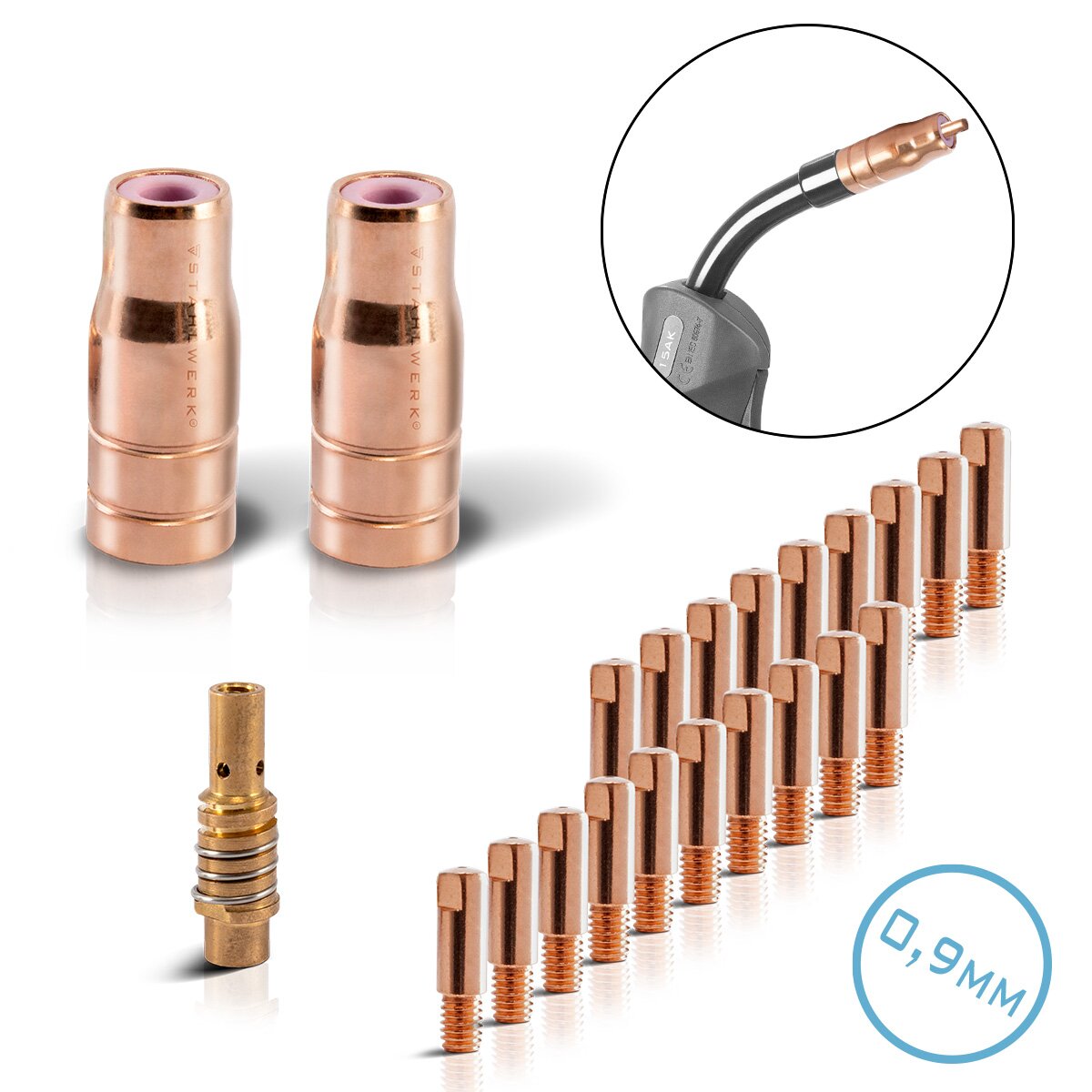 Juego de piezas de desgaste STAHLWERK FLUX AK15/MB15 AK14/MB14 | Juego de accesorios de soldadura originales de 23 piezas con boquillas de hilo tubular | Portaboquillas y boquillas de contacto 0,9 mm