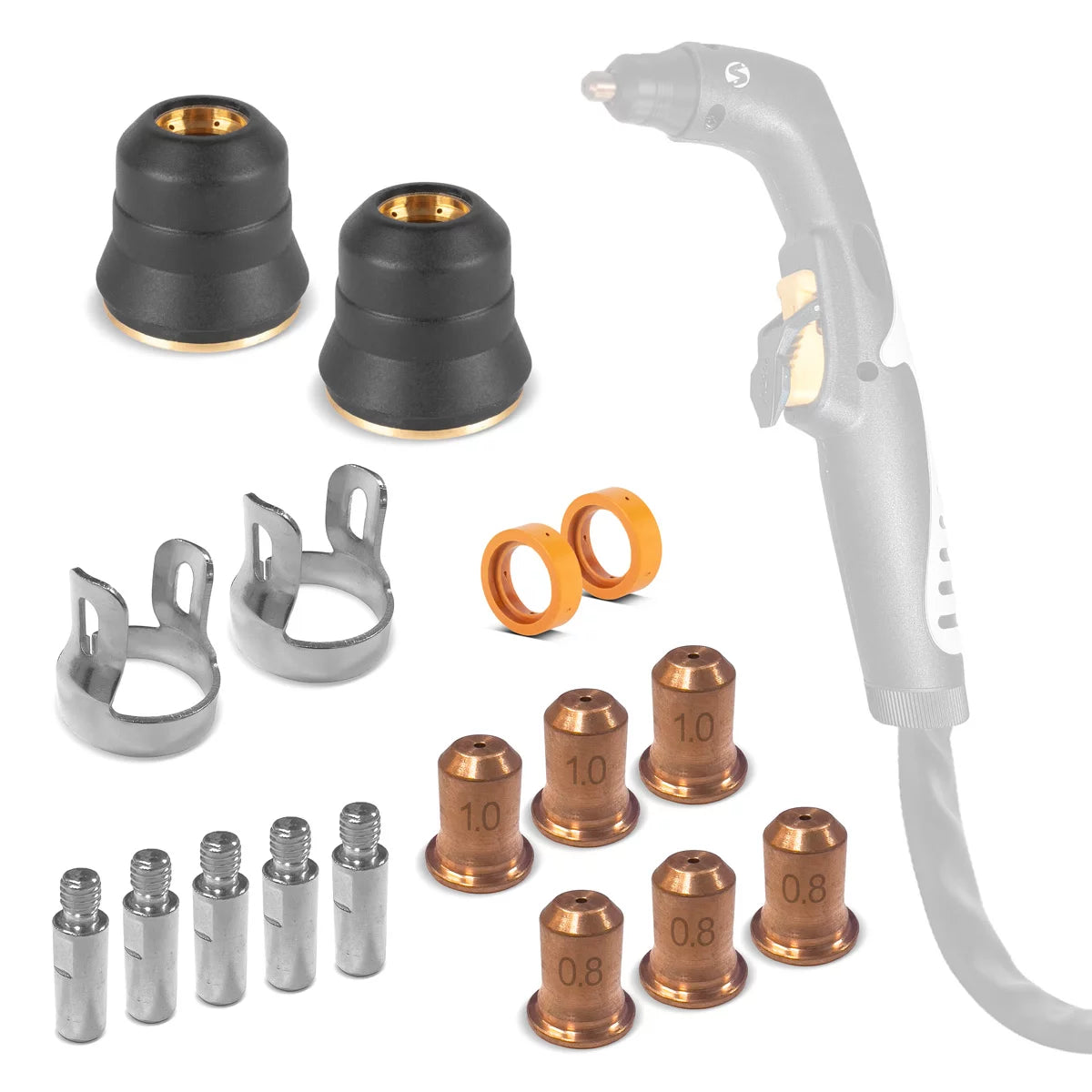 STAHLWERK NS/S65 Plasmazubehör | Verschleißteile für Plasmaschneidbrenner | 17-teiliges Set mit Elektroden, Schneiddüsen 0,8/1,0 mm, Schutzkappen, Stromverteiler, Abstandhalter | Transport-Box