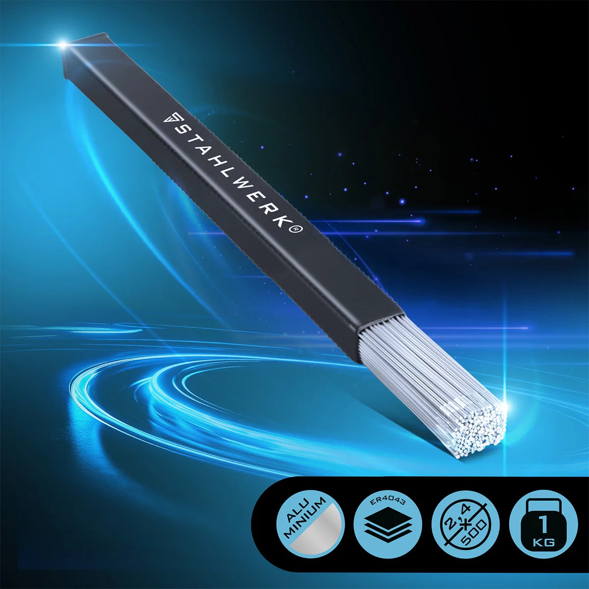 Varillas de soldadura STAHLWERK TIG ER4043Si5 de aluminio de alta aleación / Ø 2,4 mm x 500 mm / 1,0 kg / incluida caja de almacenamiento
