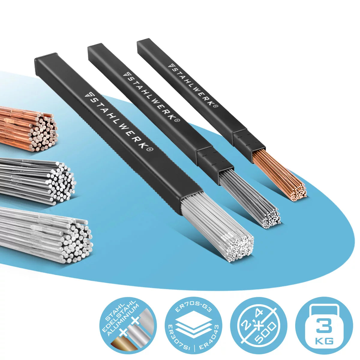 Juego de varillas para soldar TIG STAHLWERK acero / acero inoxidable / aluminio / Ø 2,5/2,4 mm x 500 mm / 1 kg cada una / incluida caja de almacenamiento
